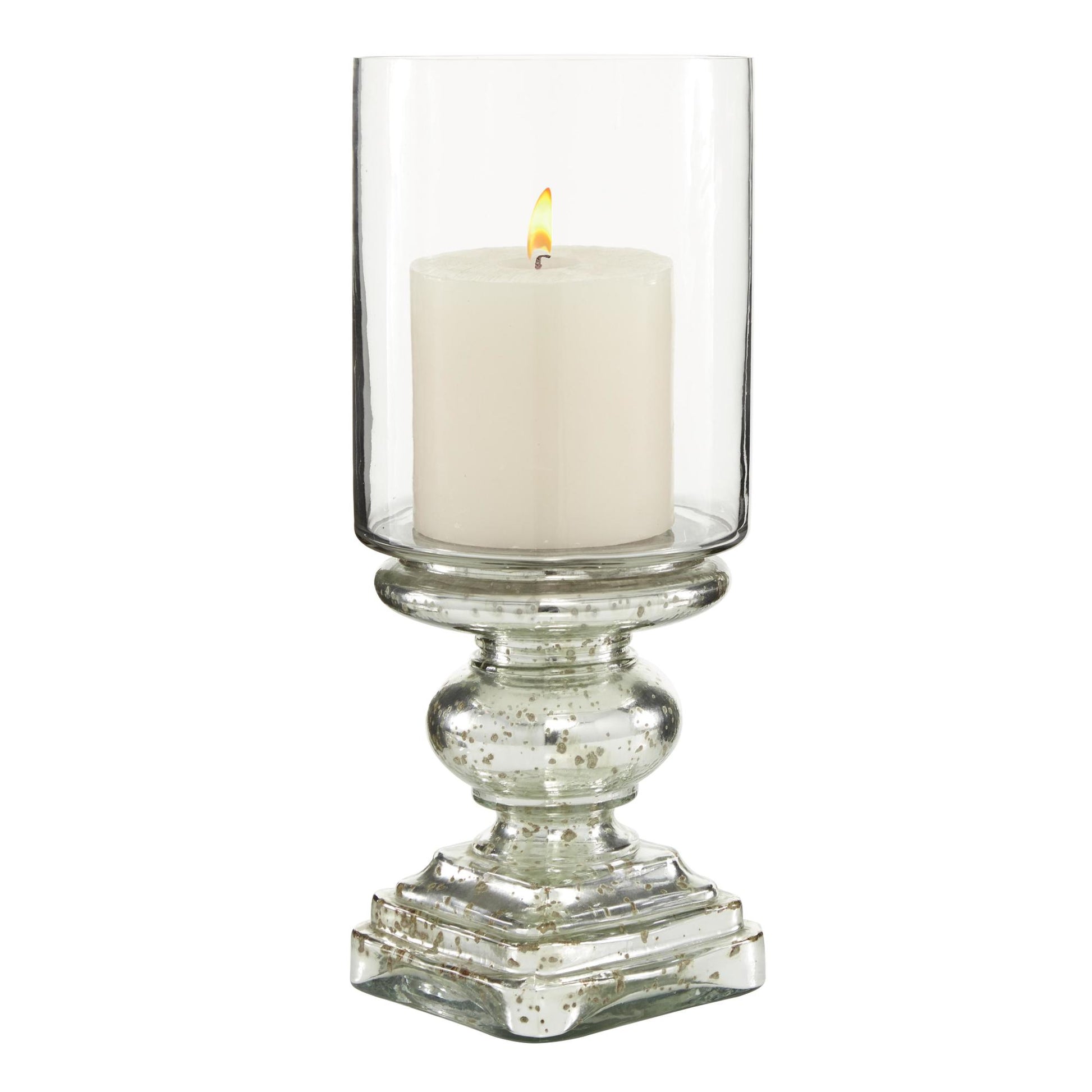 Silver Glass Handmade Turned Style Pillar Room Hurricane Lamp with Faux Mercury Glass Finish