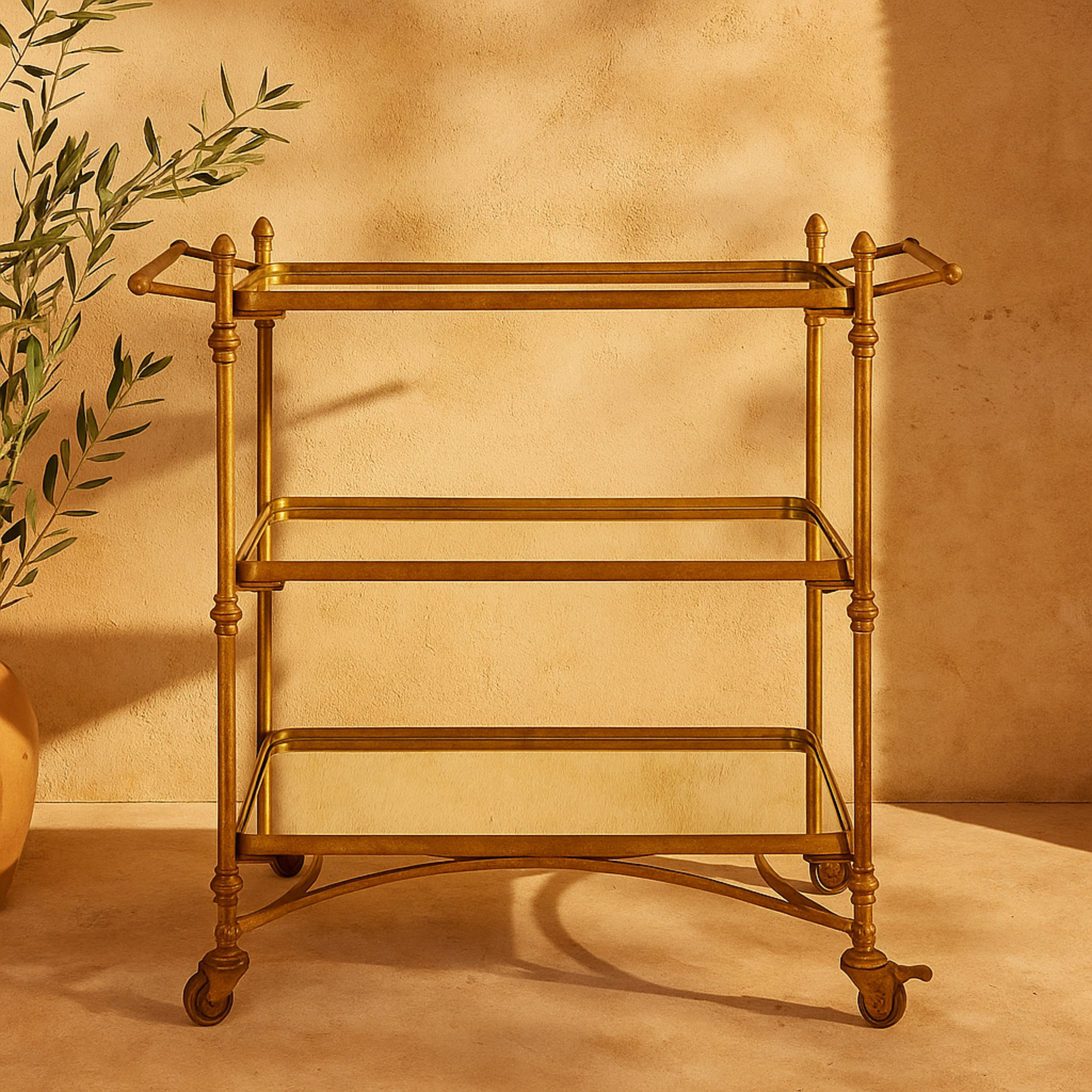 Brass Metal Rolling 3 Shelf Home Bar Cart with Handles