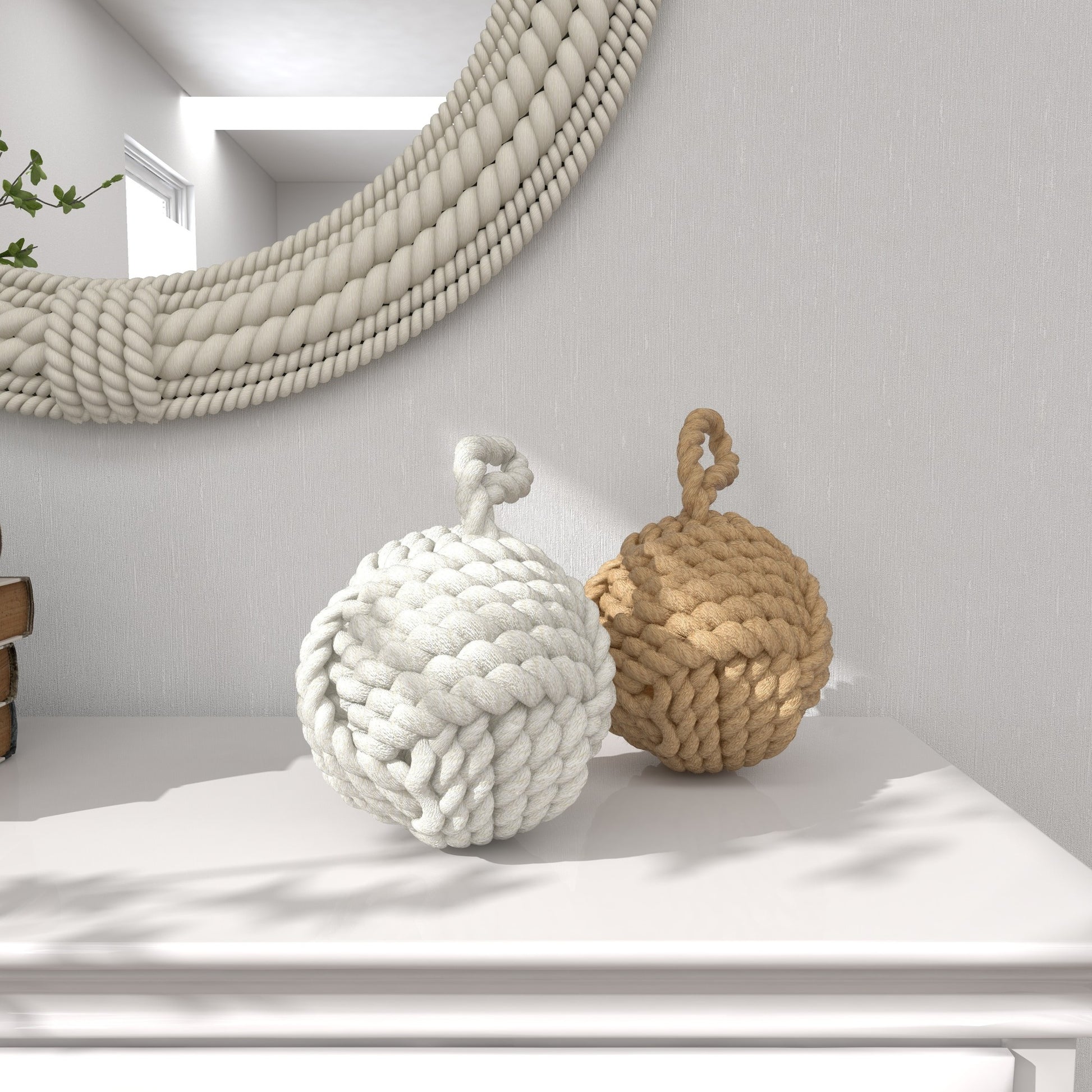 Set of 2 Knot Brown Jute Rope Cream Woven Decorative Sculpture with Hanging Loop