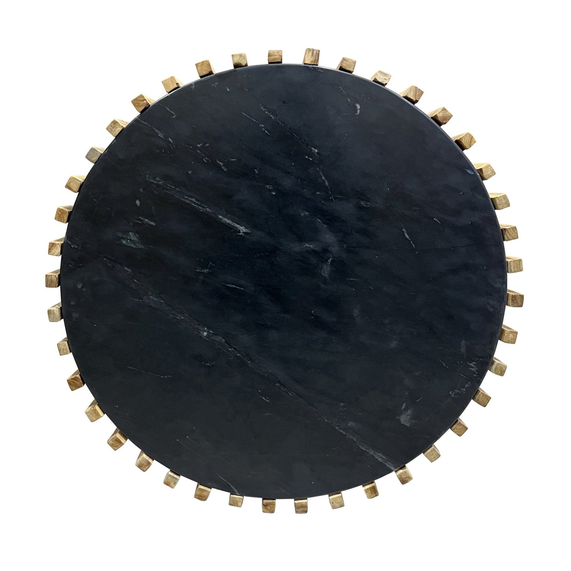 Brown Wood Slatted Open Framed Drum Side End Accent Table with Black Marble Tabletop