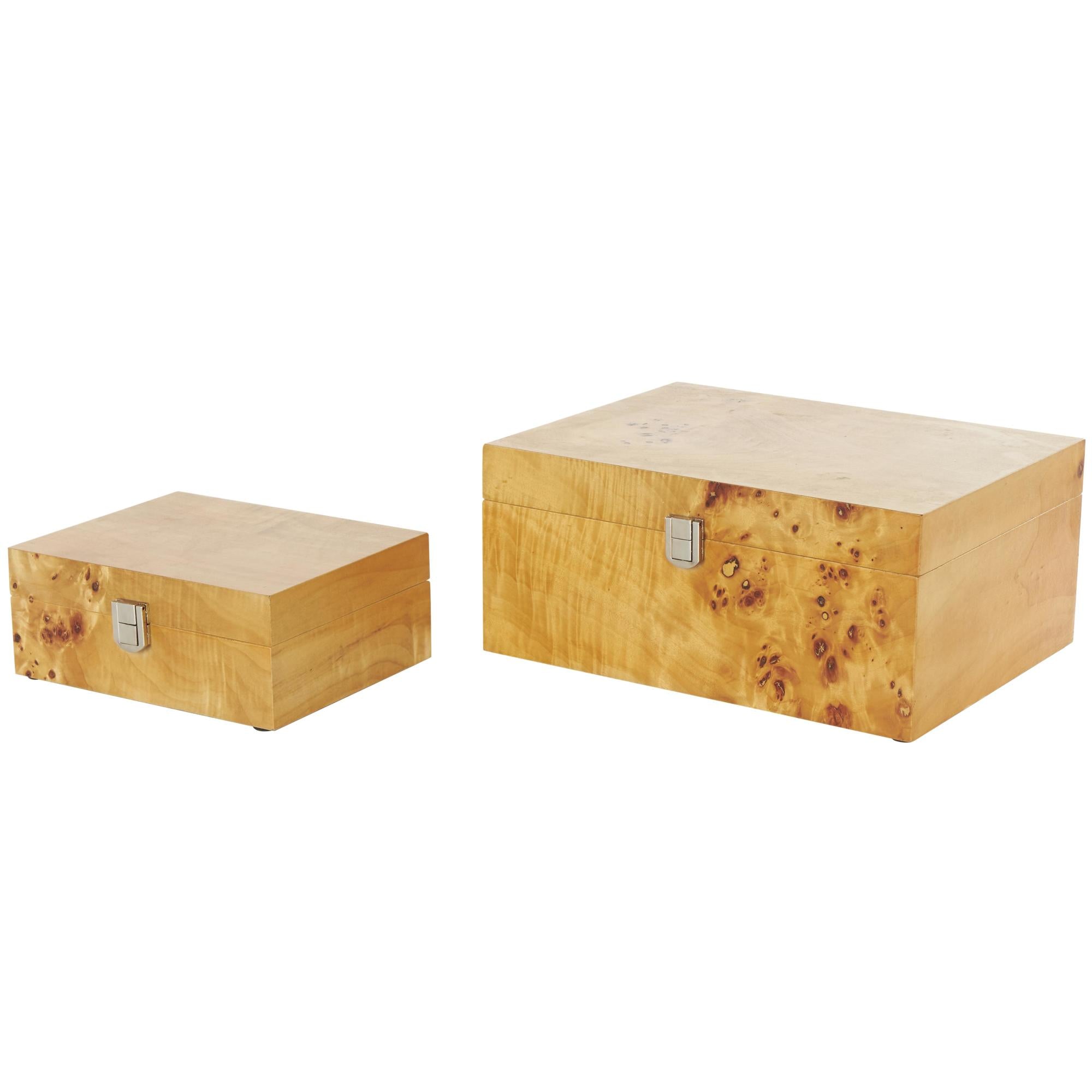 Set of 2 Brown Wood Storage Decorative Box with Natural Wood Grains and Silver Latches