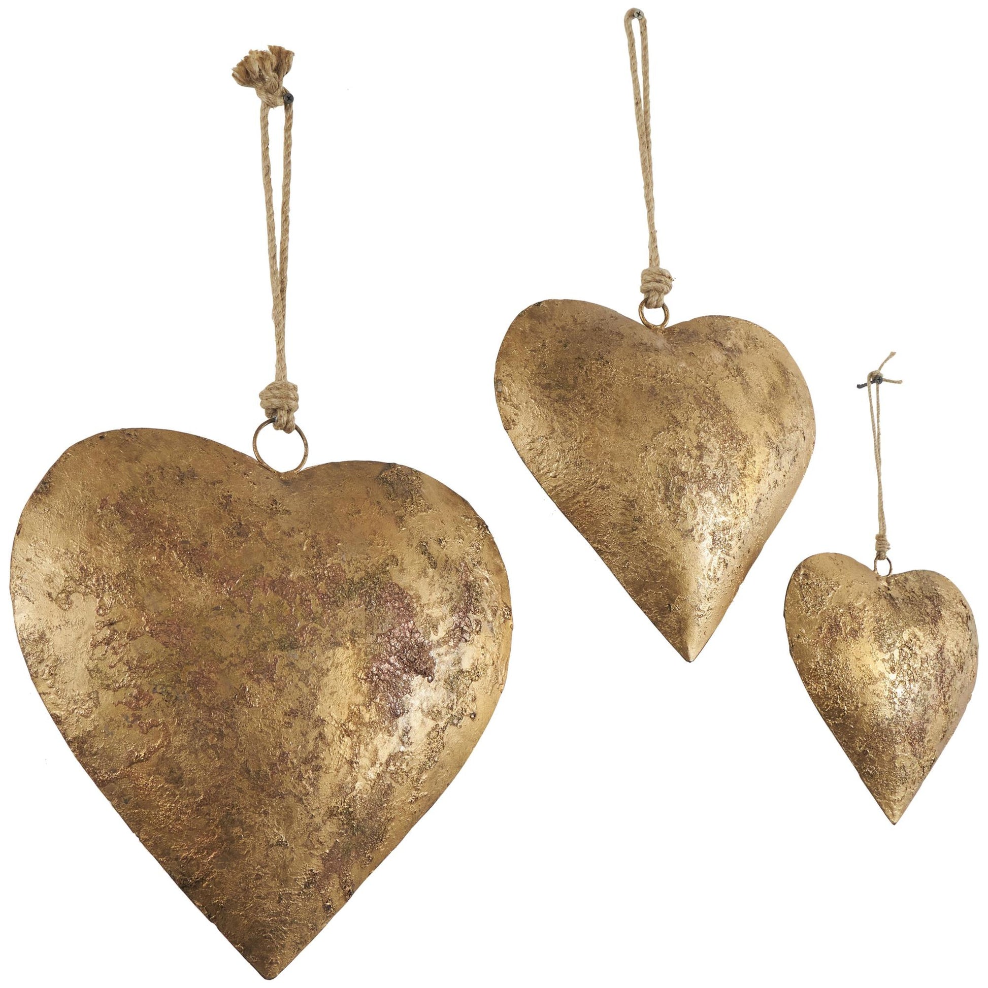 Set of 3 Heart Metal Tibetan Inspired Weathered Indoor Outdoor Decorative Bells with Jute Hanging Rope