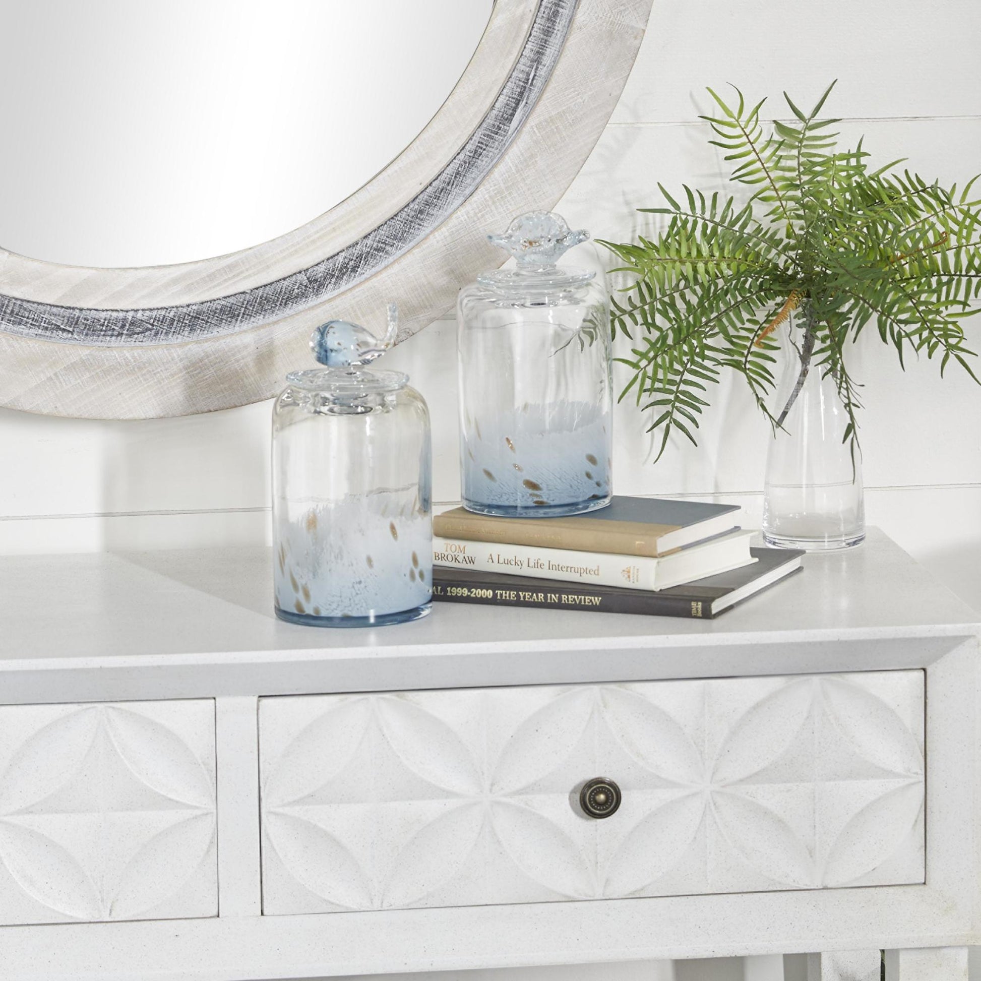 Set of 2 Shell Blue Glass Handmade Living Room Decorative Jars with Whale and Seashell Tops