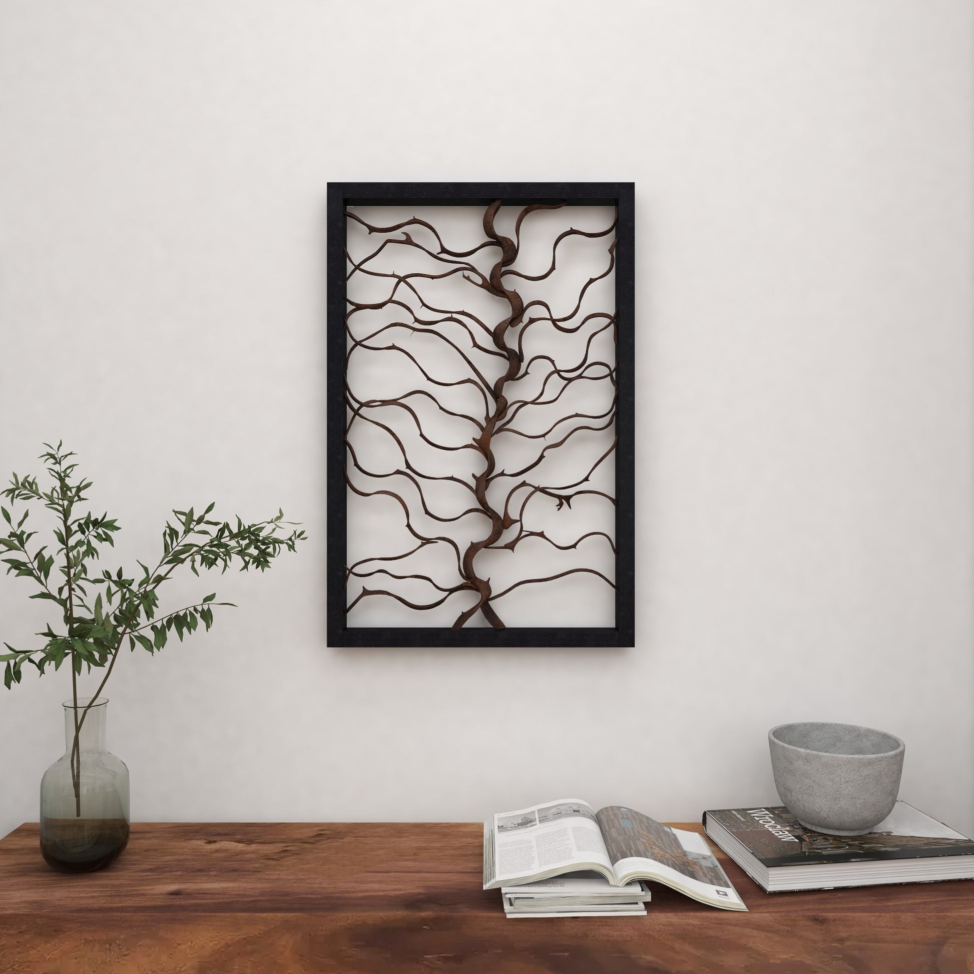 Tree Teak Wood Branch Home Wall Decor with Black Frame