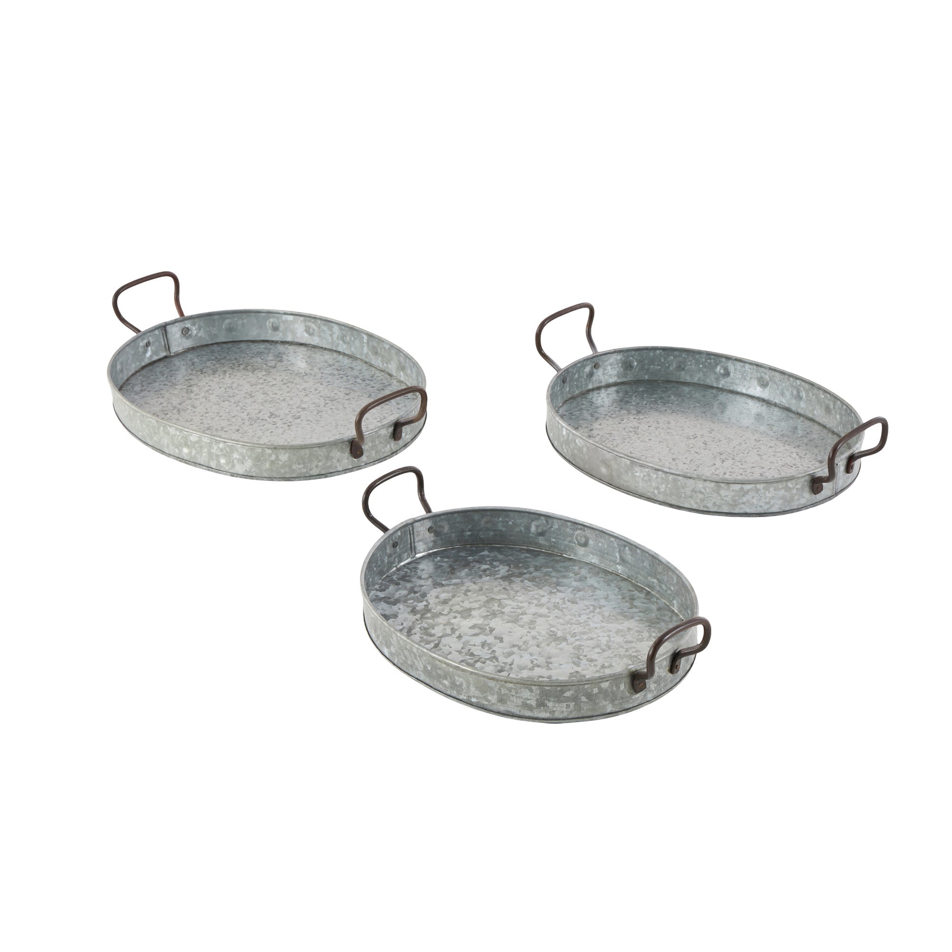Set of 3 Gray Metal Galvanized Oval Living Room Decor Tray with Rust Handles