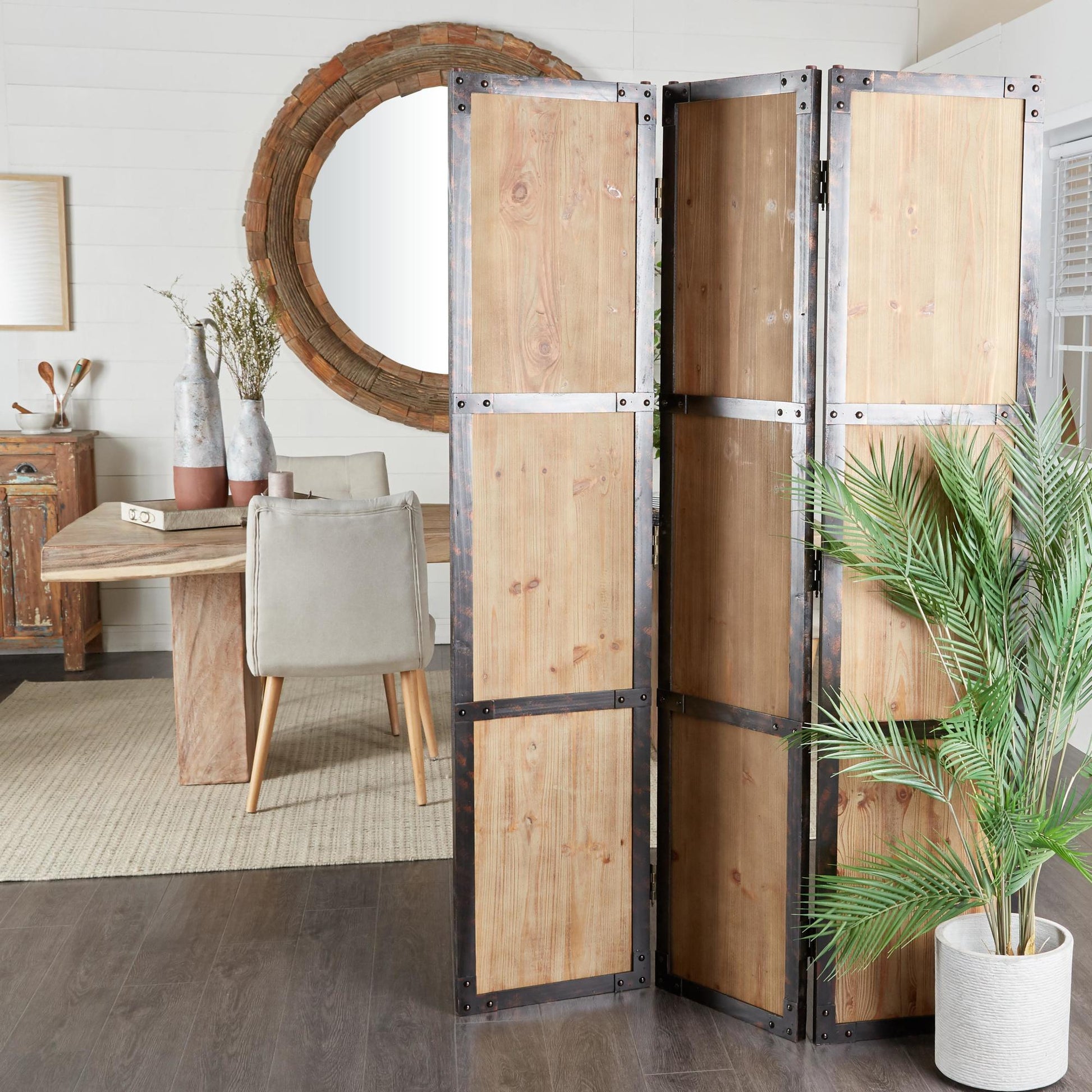 Brown Wood Hinged Foldable Partition 3 Panel Partition Room Divider Screen with Solid Wood Panels