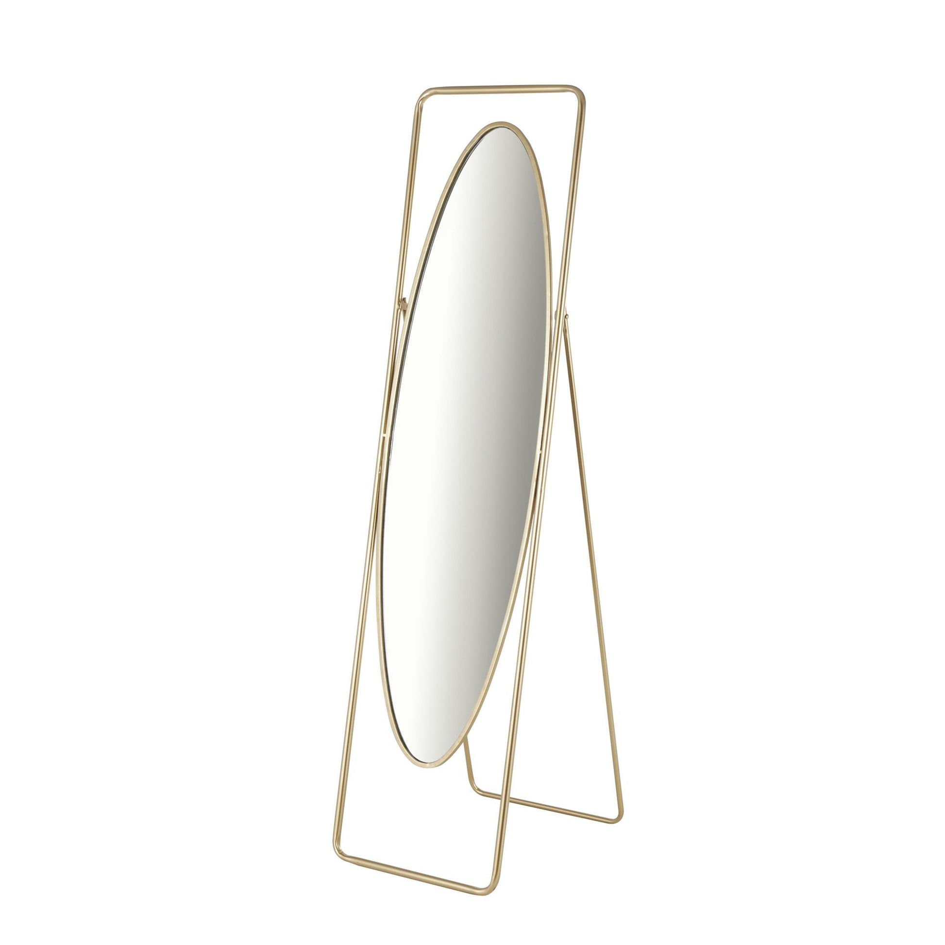 Geometric Gold Metal Oval Room Floor Mirror with Rectangular Frame and Stand