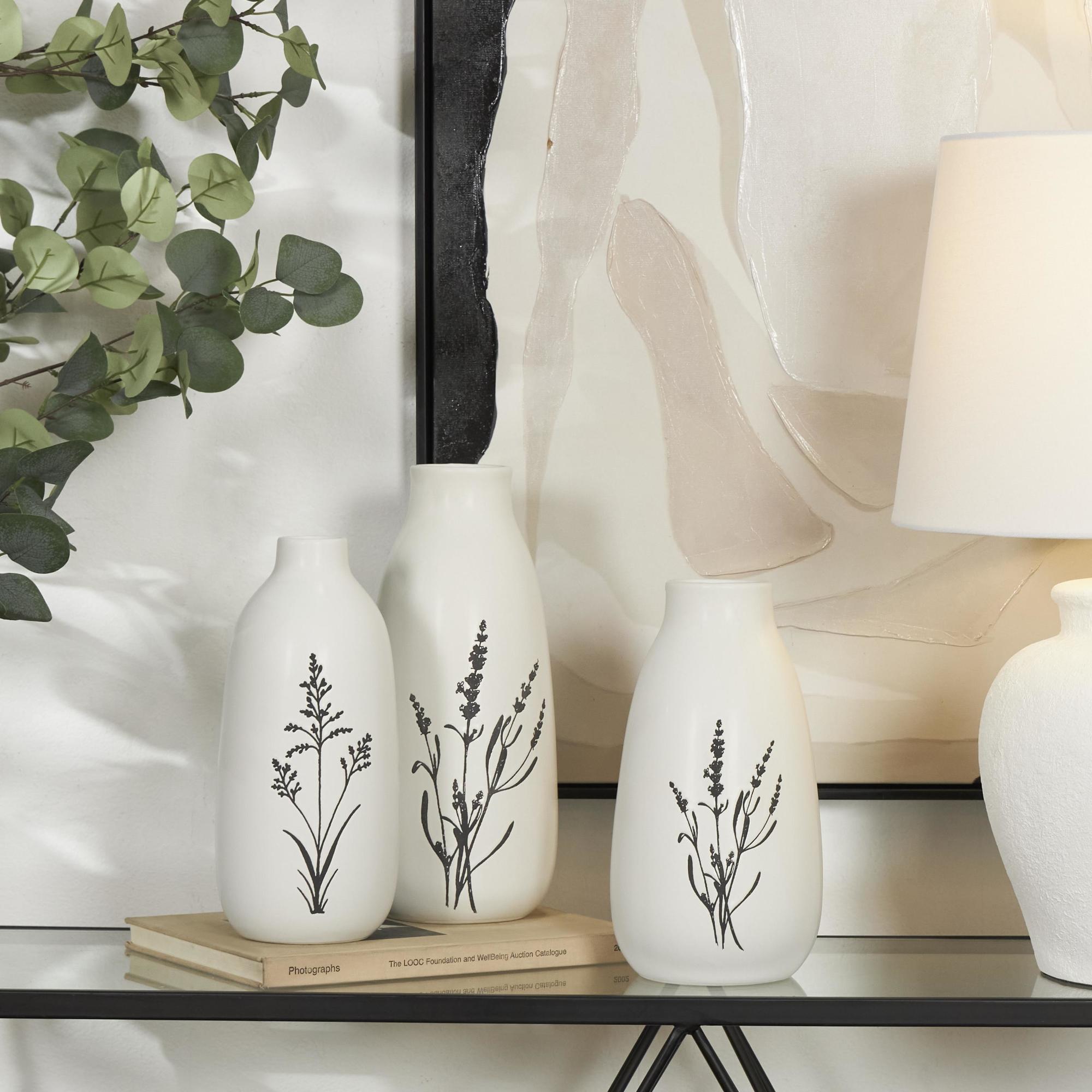 Set of 3 Floral White Ceramic Decorative Vase with Black Lavender Prints