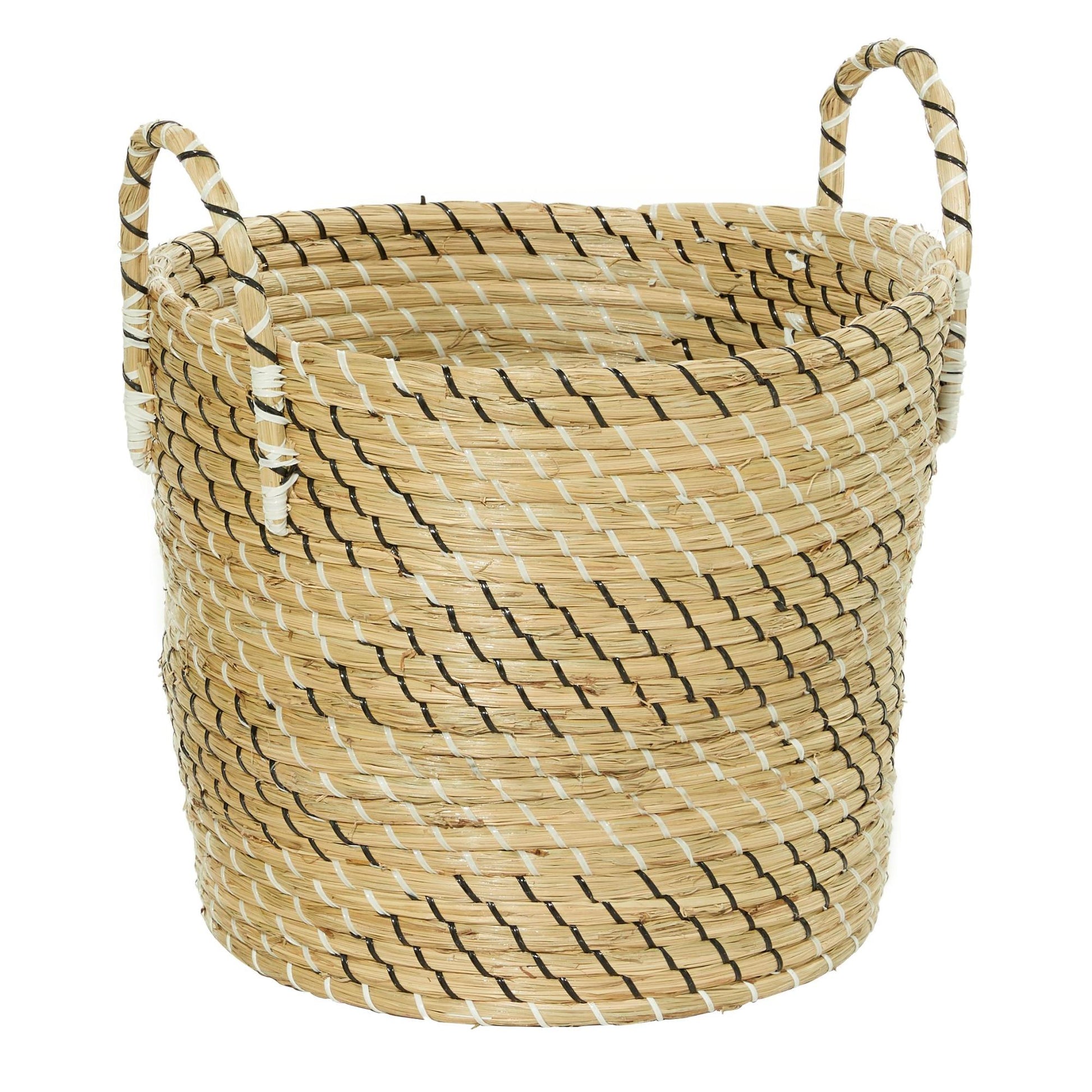 Set of 3 Beige Seagrass Handmade Woven Decorative and Functional Storage Basket with Black and White Zig Zag Pattern