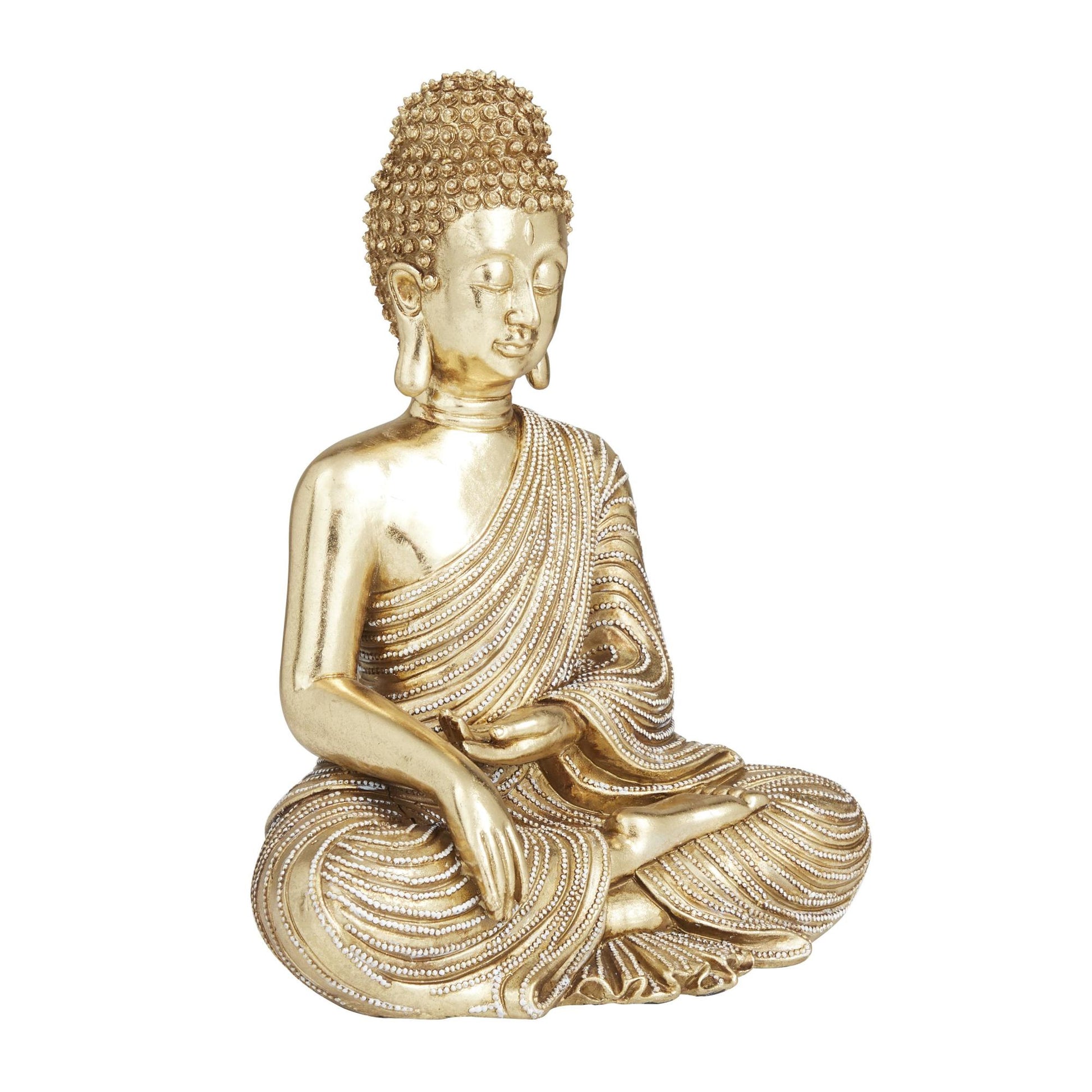 Buddha Gold Polystone Meditating Decorative Sculpture with Engraved Carvings and Relief Detailing