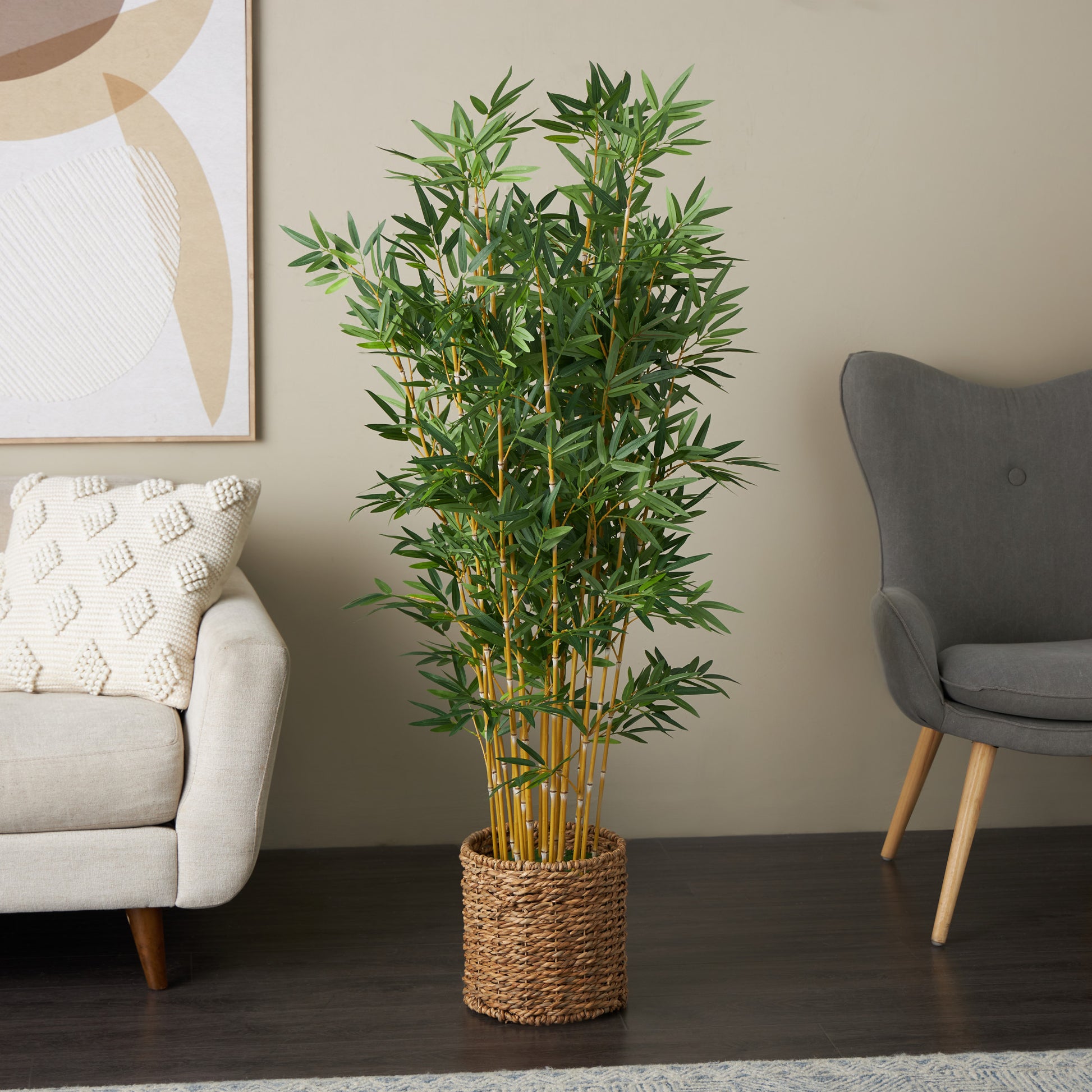 Bamboo Green Faux Foliage Indoor Outdoor Artificial Tree with Realistic Leaves and Brown Seagrass Pot