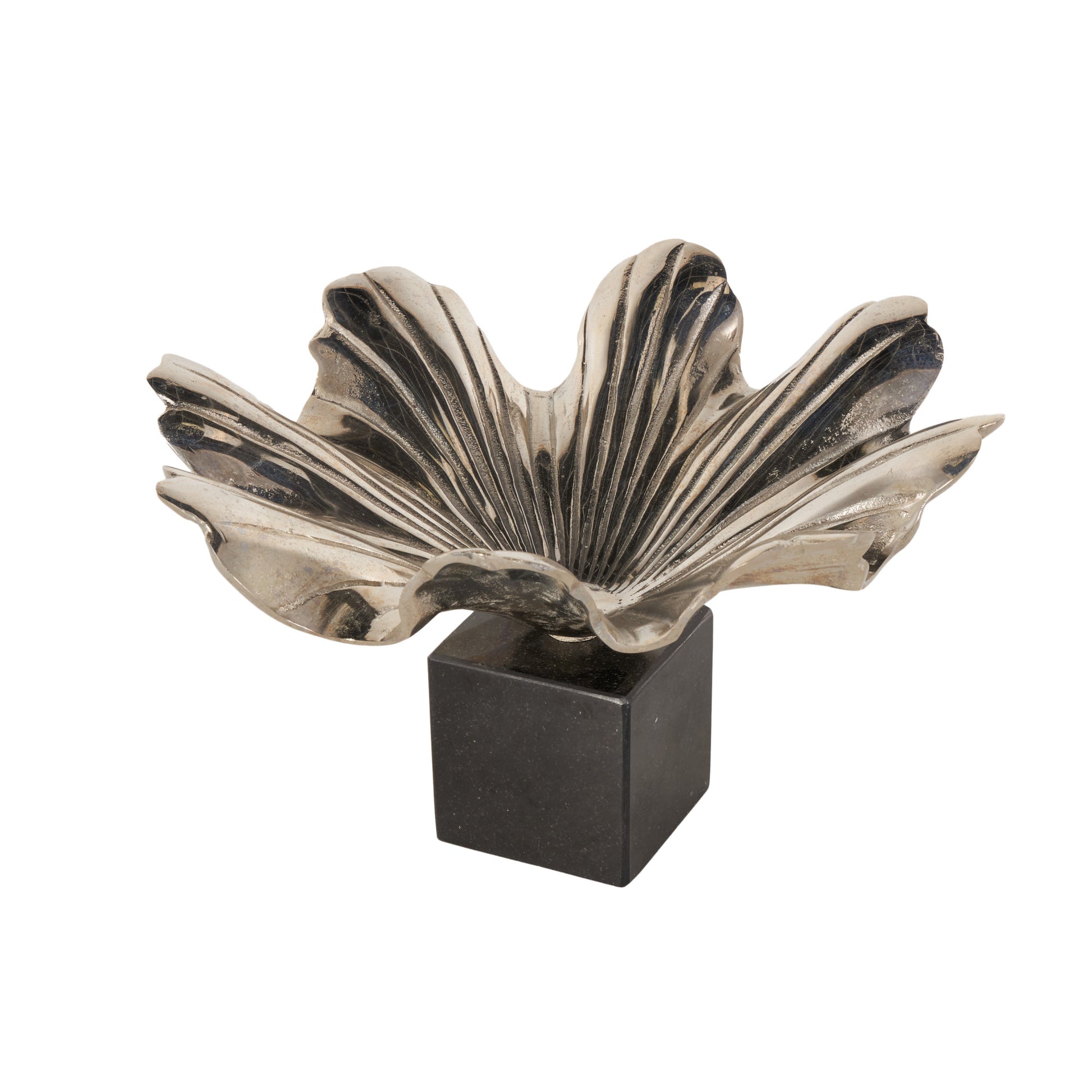 Floral Aluminum Metal Large Decorative Bowl with Black Marble Base