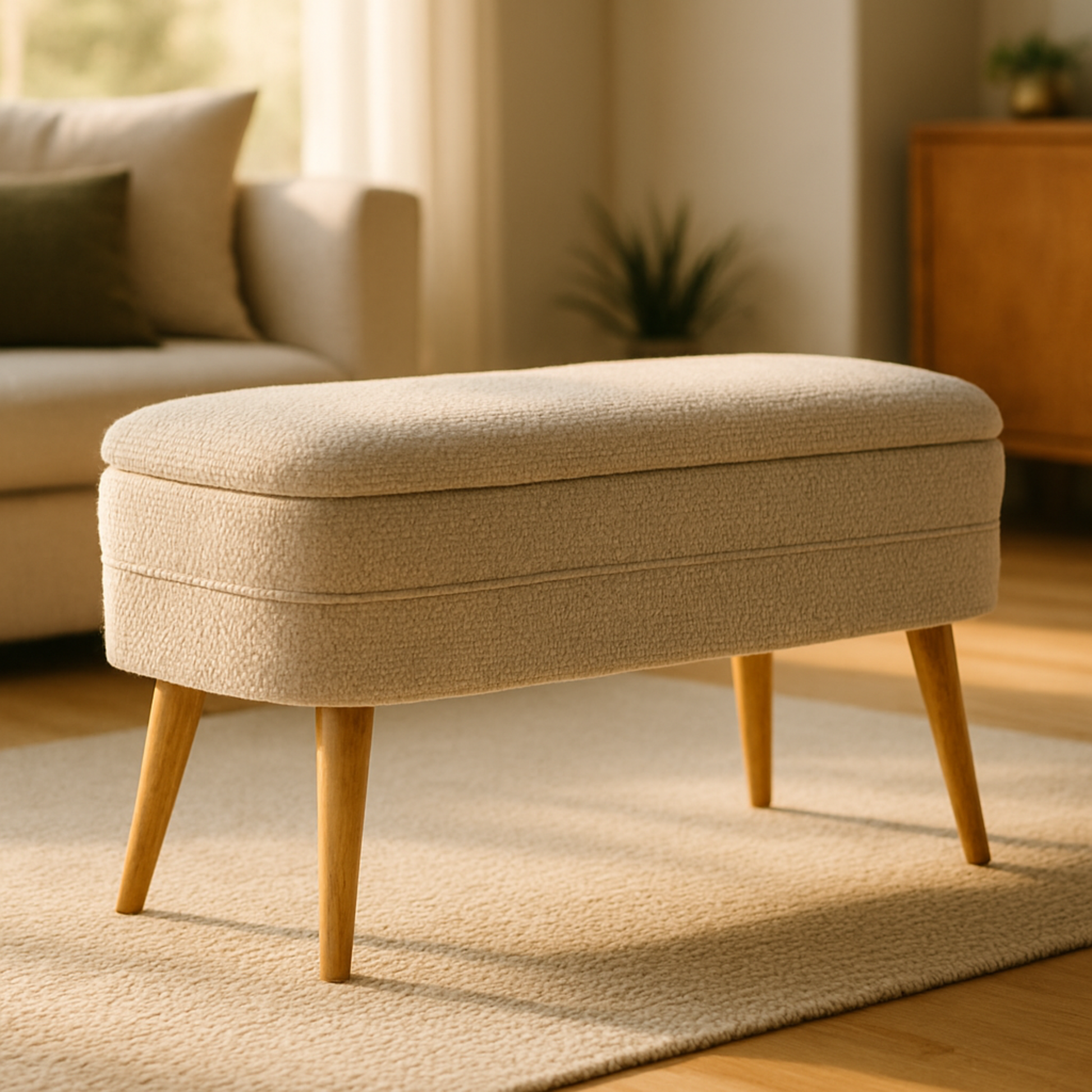 Gray Polyester Rounded Upholstered Boucle Room Storage Bench with Tapered Wood Legs