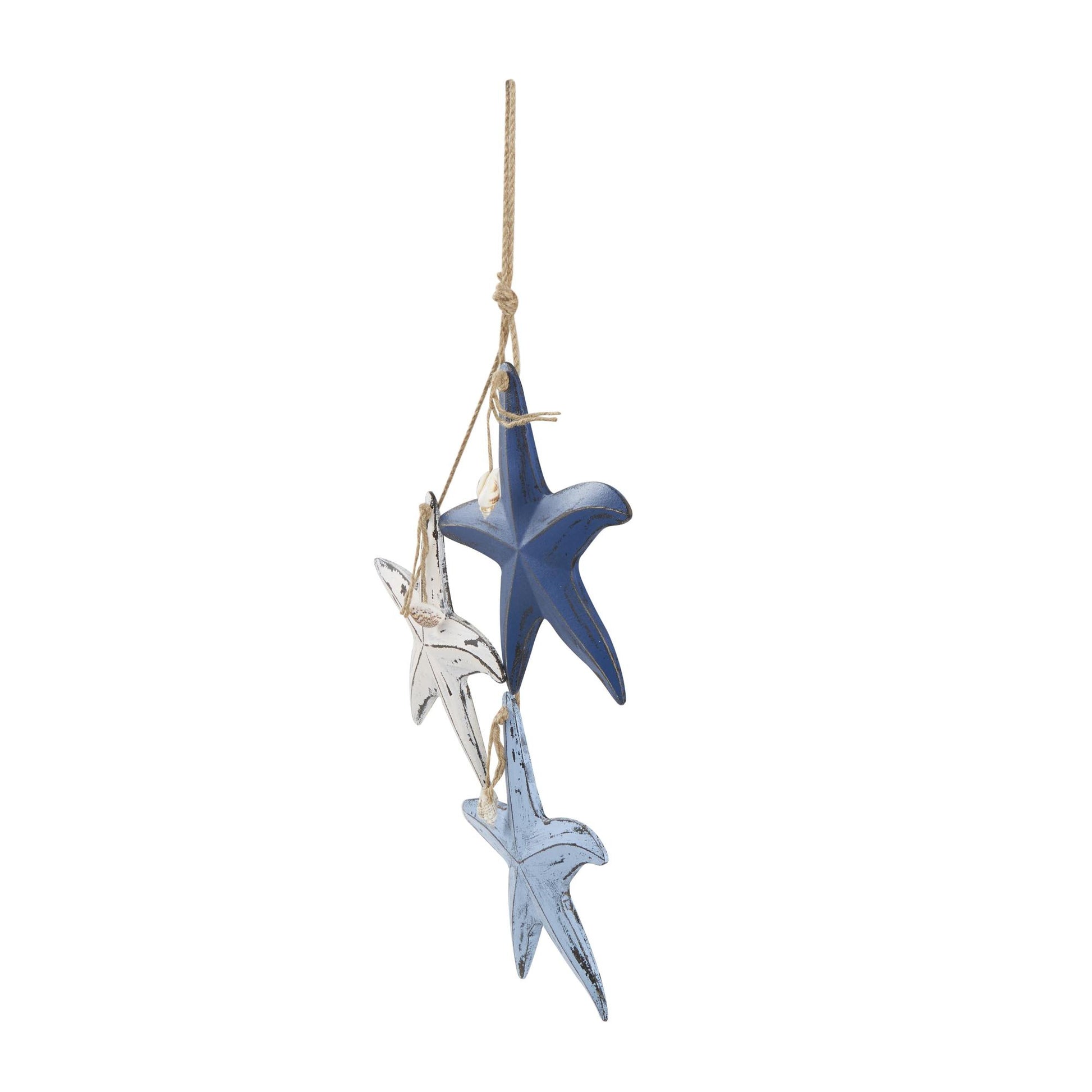 Starfish Blue Wooden Distressed Layered Home Wall Decor with Hanging Rope and Decorative Shell Accents