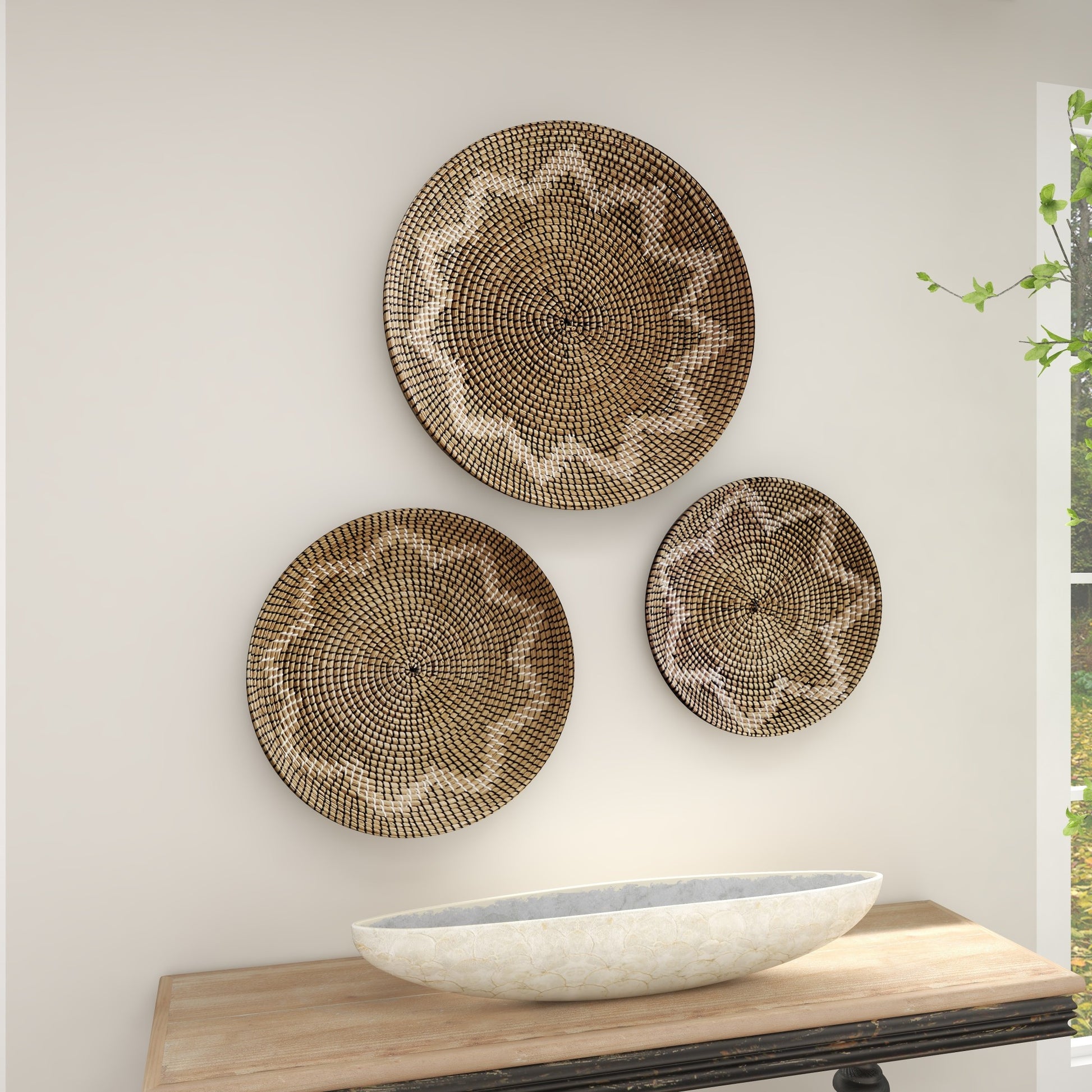Set of 3 Plate Seagrass Handmade Spiral Basket Home Wall Decor with Black and White Accents Set of 3 29", 24", 20"D