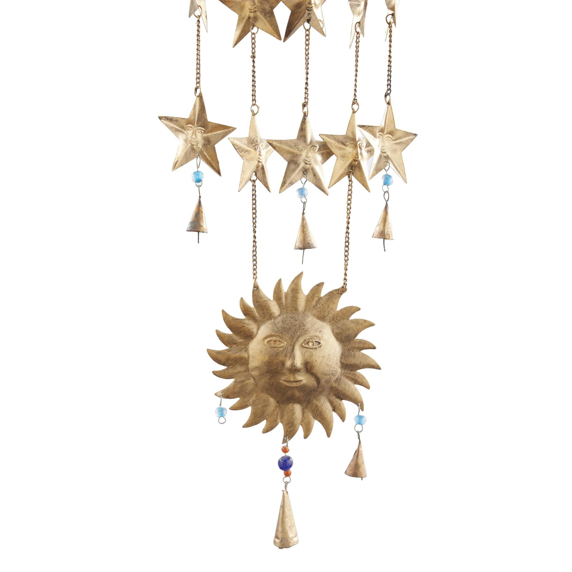 Sun and Moon Gold Metal Handmade Indoor Outdoor Windchime with Glass Beads and Cone Bells