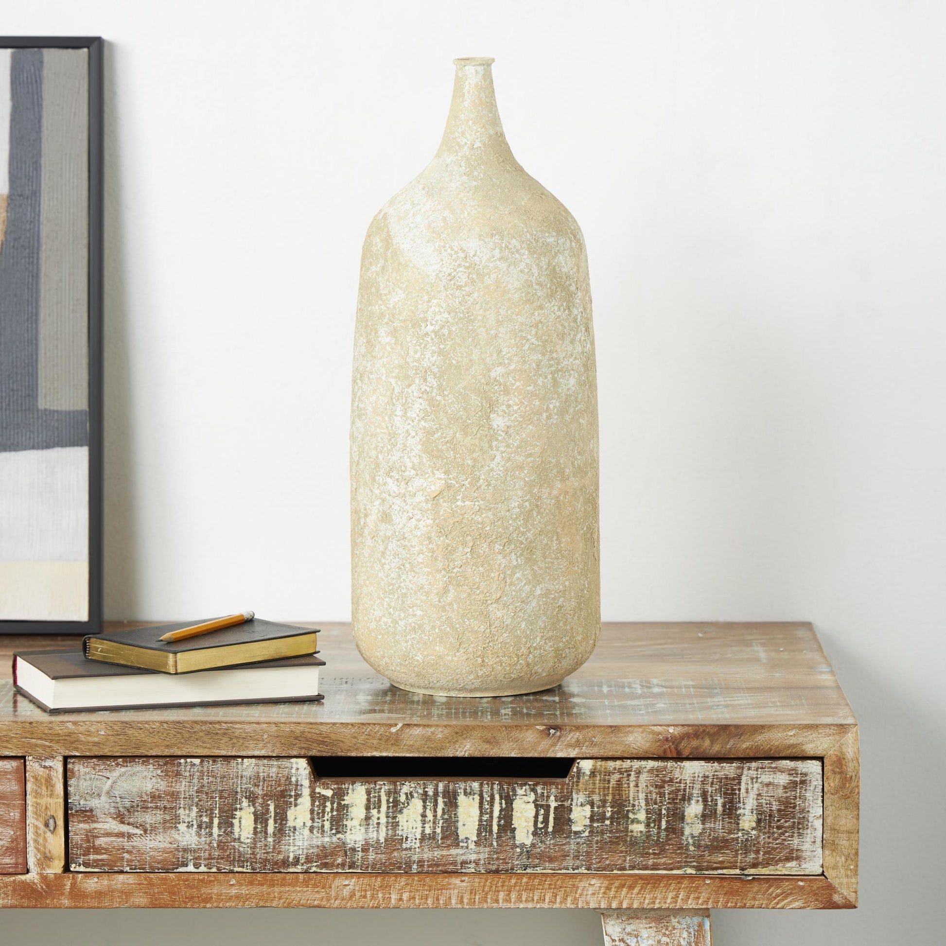 Beige Metal Handmade Antique Style Distressed Decorative Vase