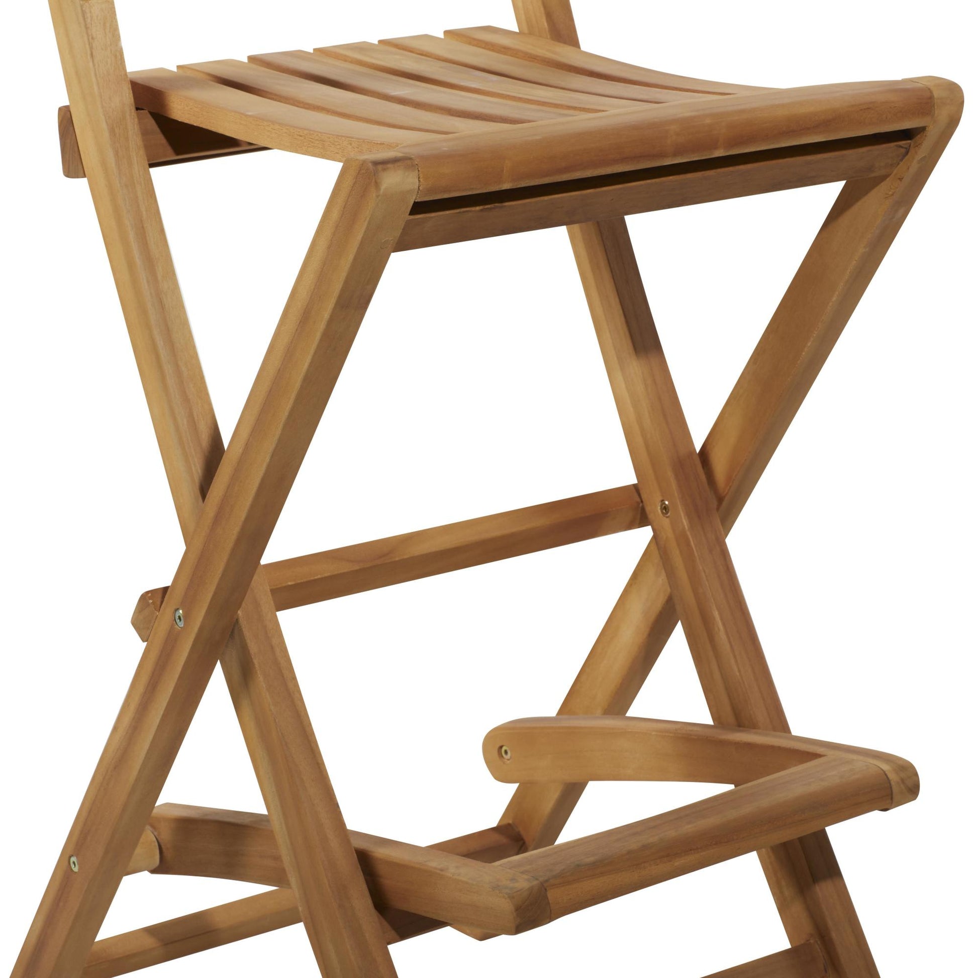 Set of 2 Brown Teak Wood Indoor Outdoor Slatted Folding Kitchen Bar Stool with Footrest