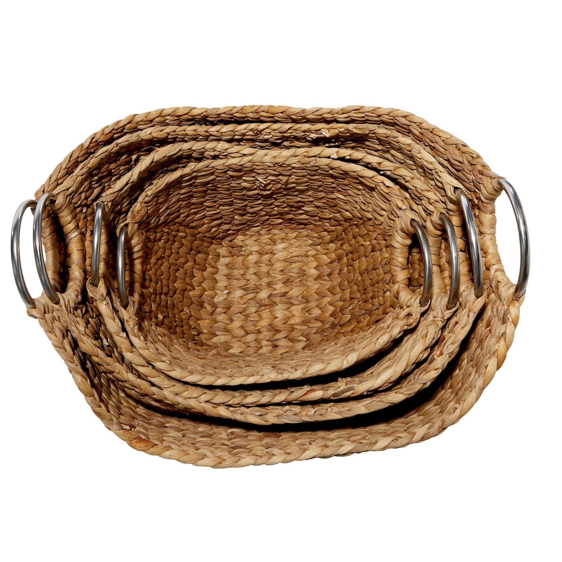 Set of 4 Brown Seagrass Handmade Woven Curved Decorative and Functional Storage Basket with Silver Metal Handles