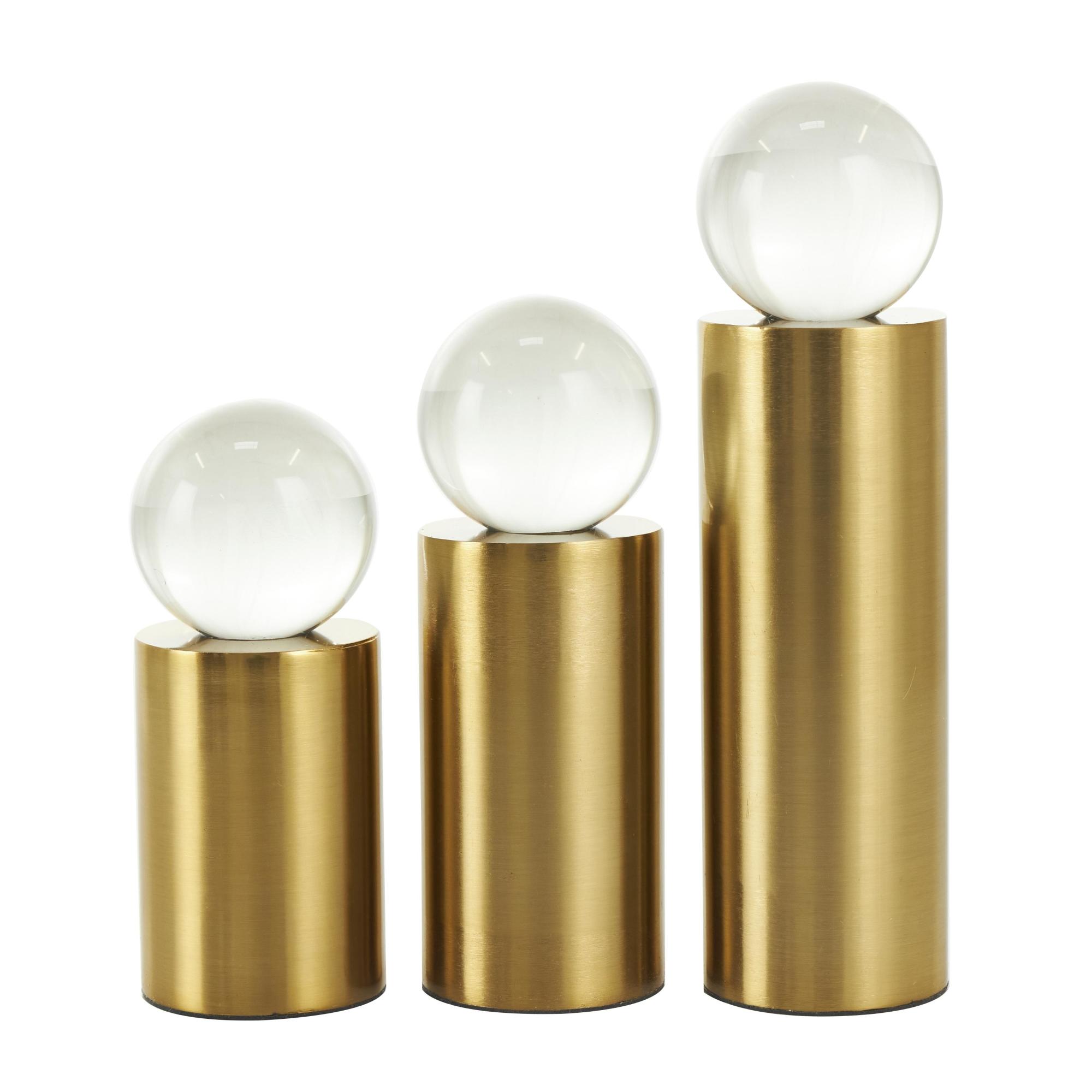 Set of 3 Geometric Gold Metal Cylinder Post Decorative Sculpture with Clear Glass Orbs