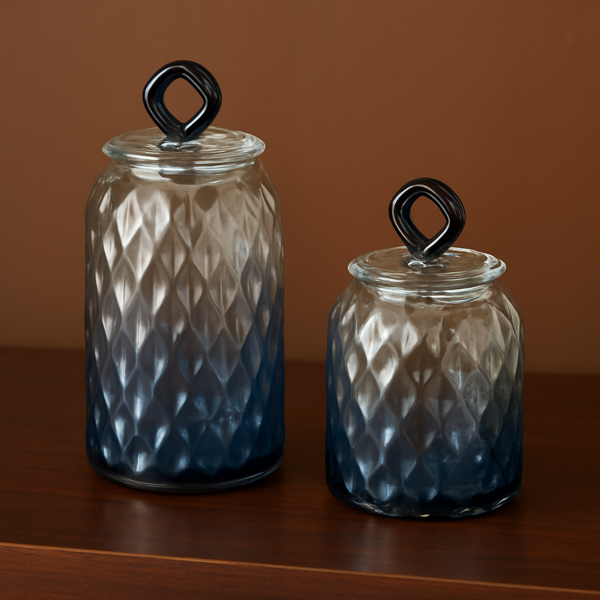 Set of 2 Geometric Dark Blue Glass Faceted Ombre Living Room Decorative Jars with Diamond Knobs