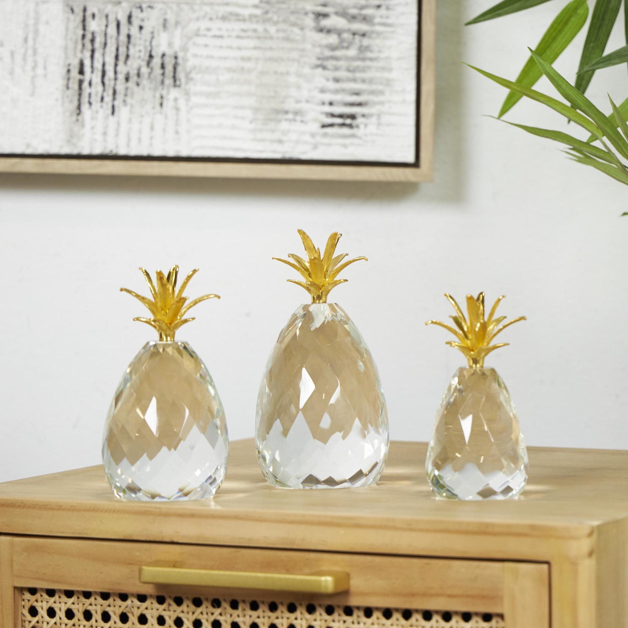 Set of 3 Fruit Clear Crystal Faceted Pineapple Decorative Sculpture with Gold Leaves