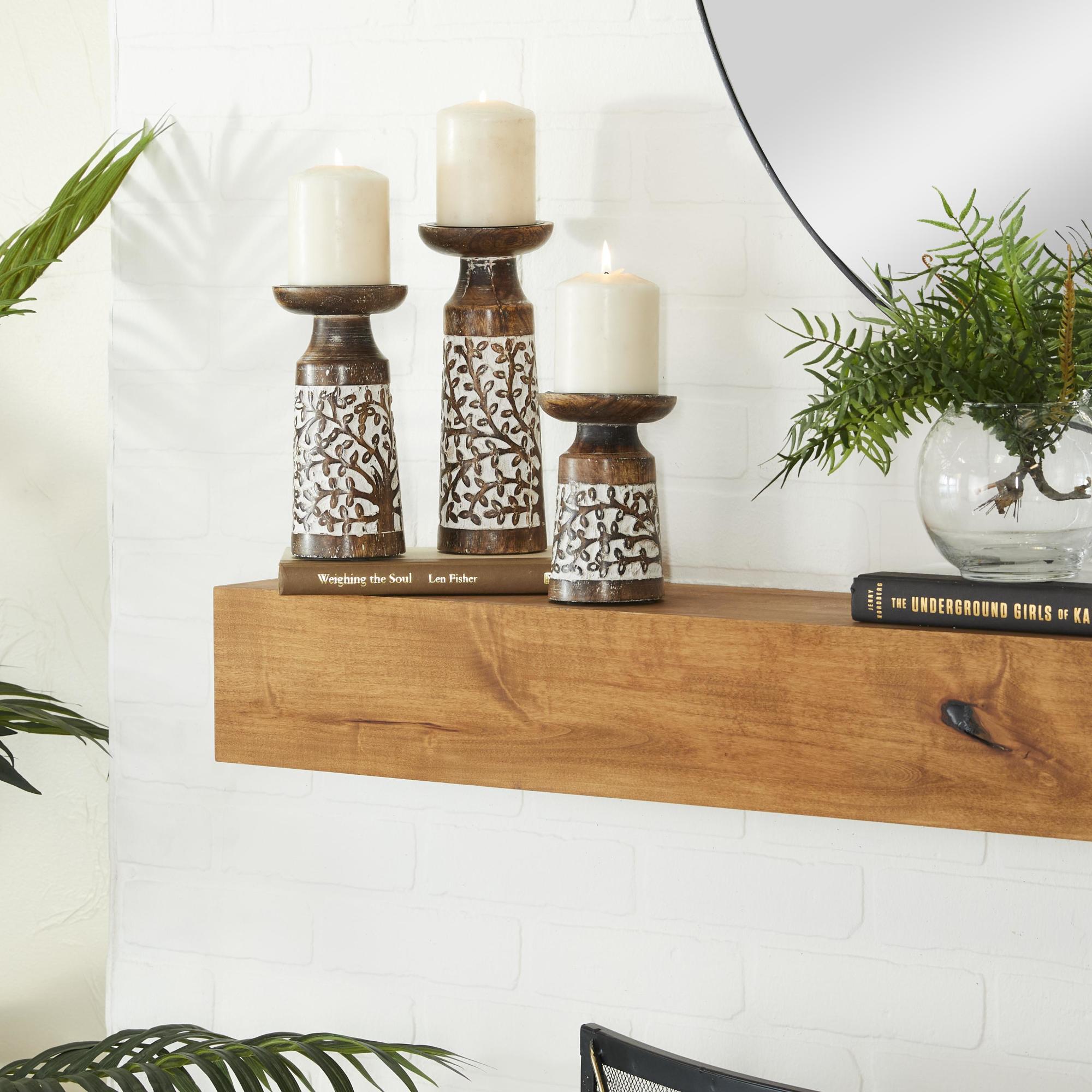 Set of 3 Floral Mango Wood Handmade Carved Pillar Decorative Candle Holder with Whitewashed Cream Backing Set of 3 10", 8", 6"H