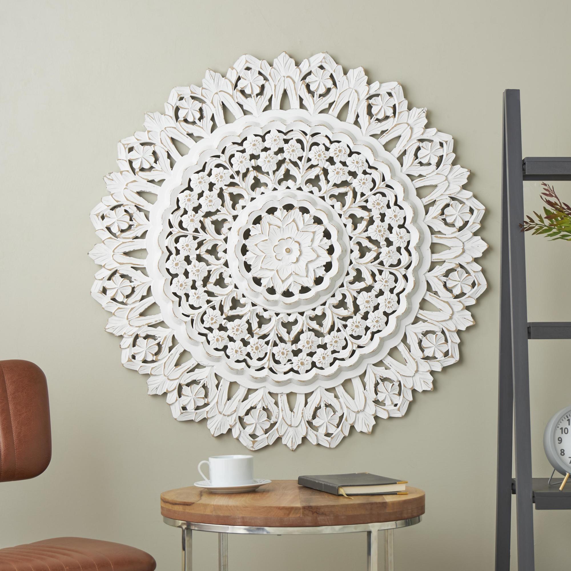Floral White Wood Handmade Intricately Carved Mandala Home Wall Decor