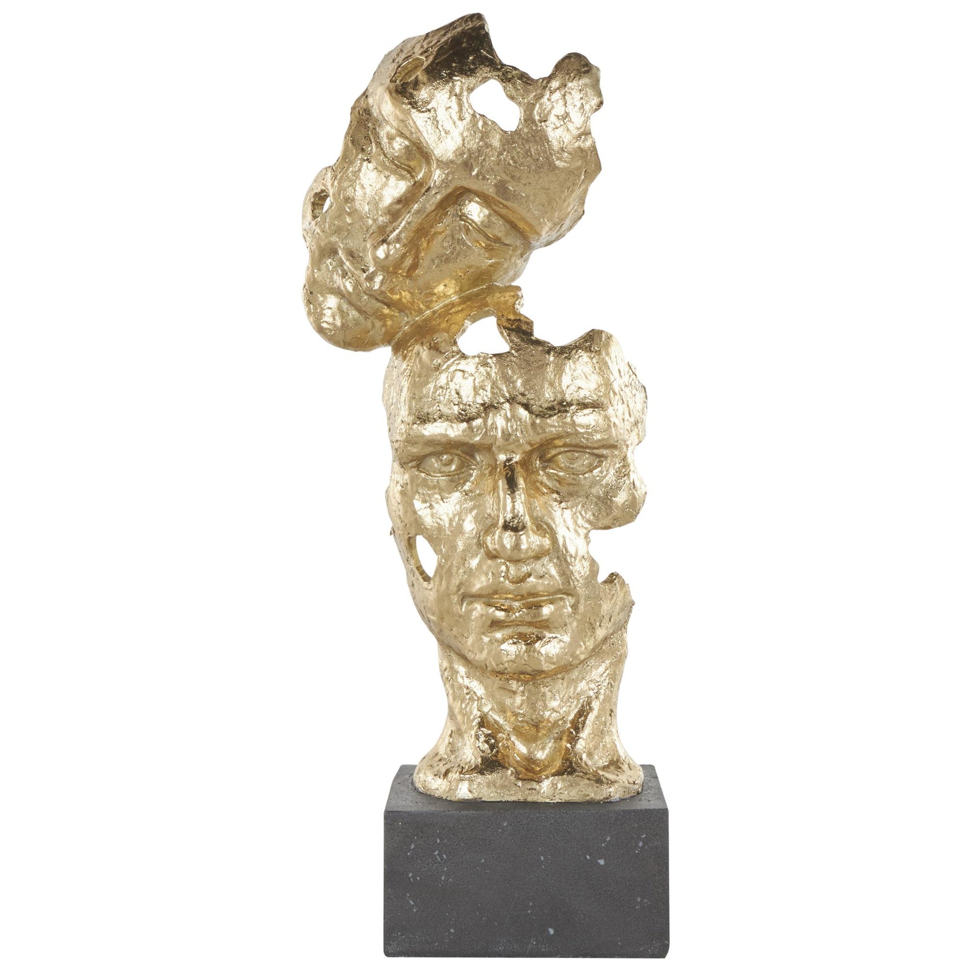 Mask Gold Polystone Stacked Face Cutout Decorative Sculpture with Black Block Base