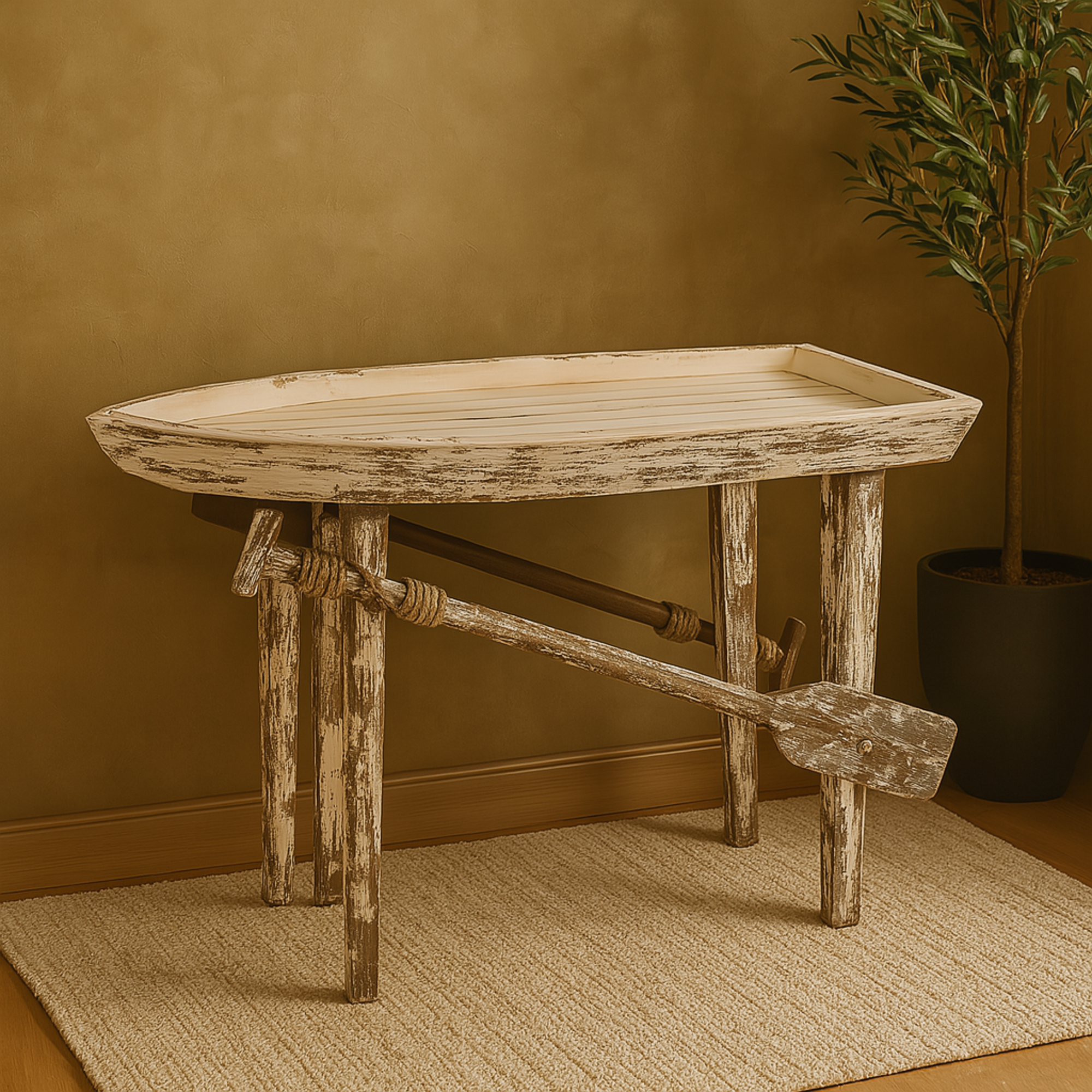 Boat White Wood Distressed Tray Top Side End Accent Table with Oar Detailed Legs
