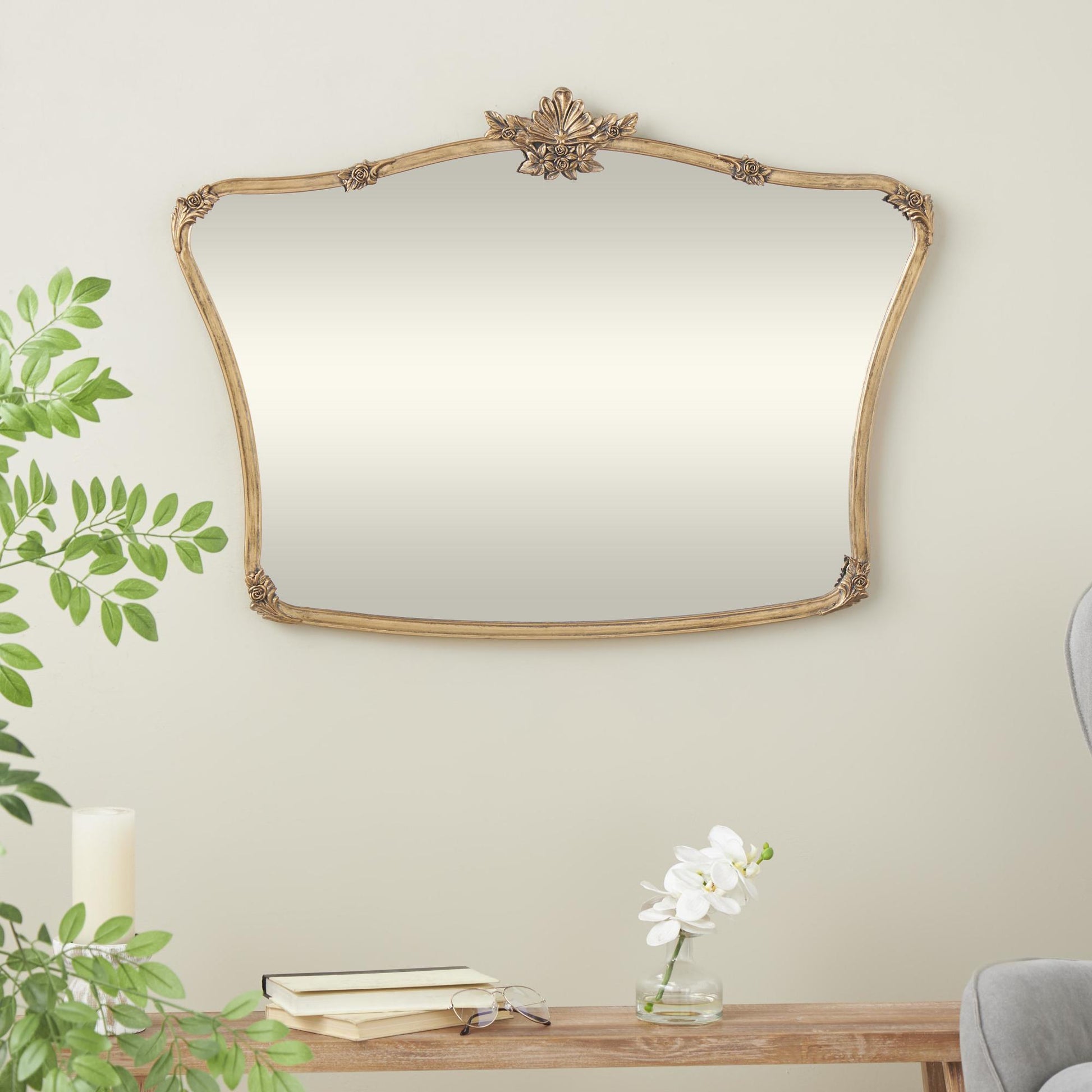 Floral Gold Metal Orante Antique Curved Room Wall Mirror