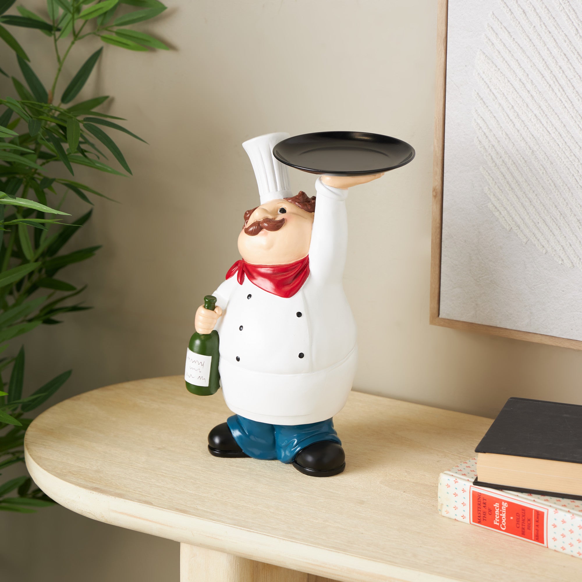 Chef White Polystone Kitchen Decorative Figurine Decorative Sculpture with Black Tray and Green Bottle