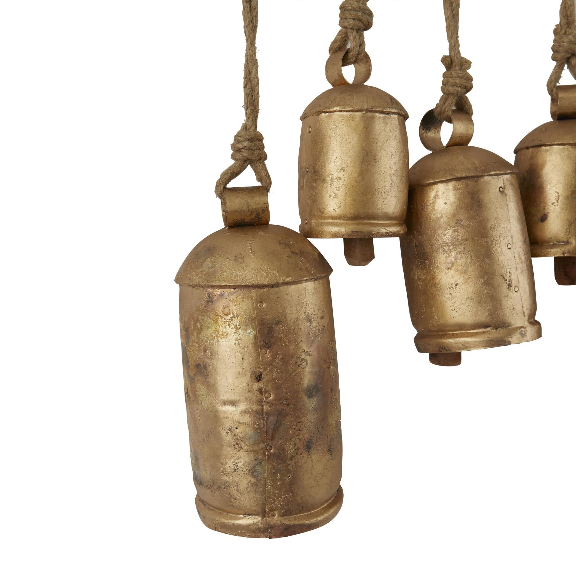 Metal Tibetan Inspired 12 Bell Indoor Outdoor Decorative Cow Bells with Hanging Ropes and Rod
