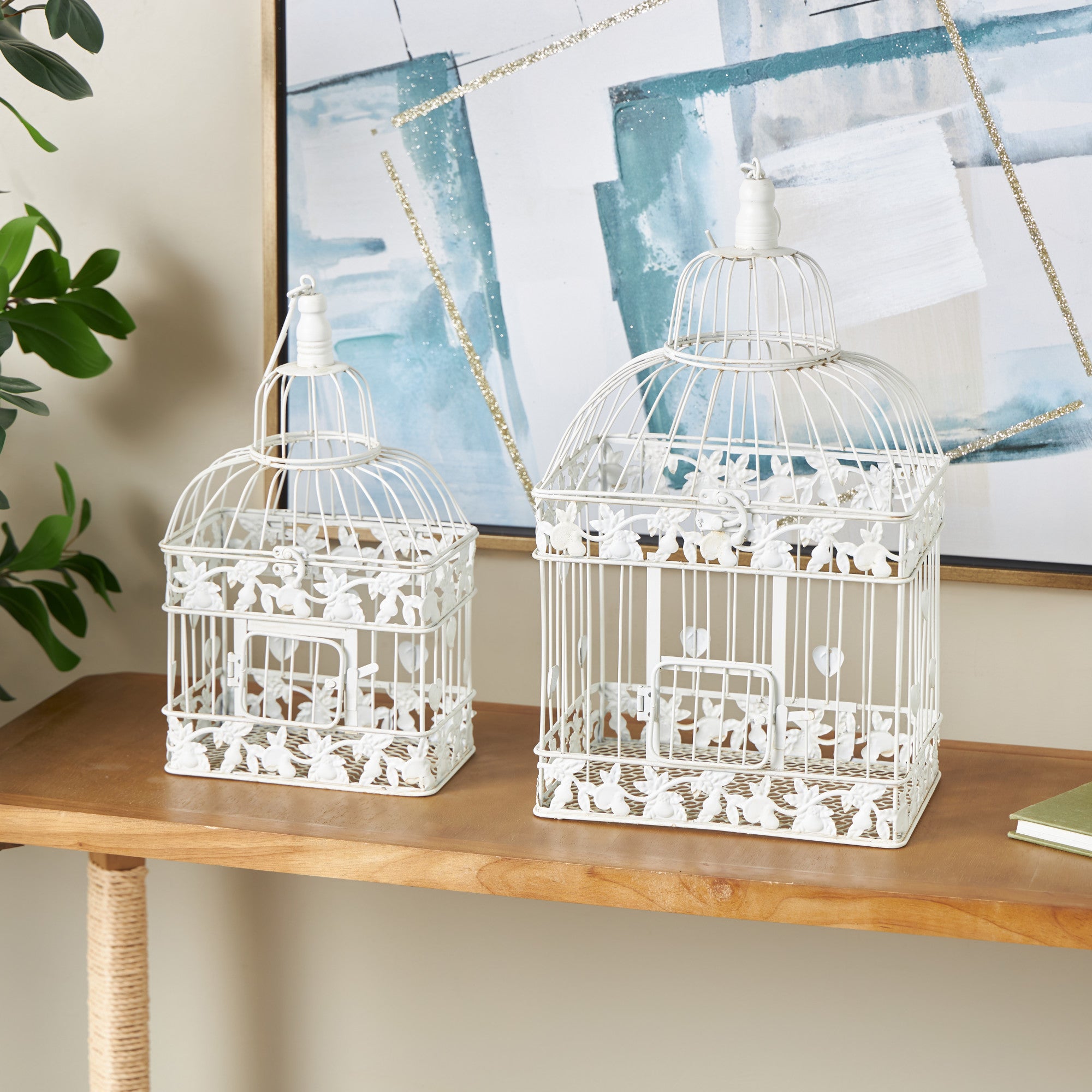 Set of 2 White Metal Indoor Outdoor Hinged Top Decorative Birdcage with Latch Lock Closure and Hanging Hook
