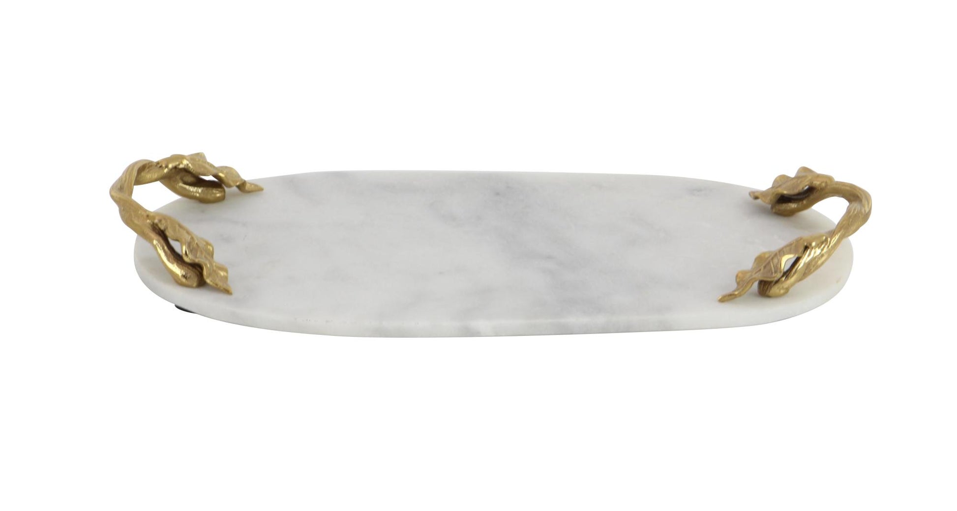 Leaf Marble Oval Living Room Decor Tray with Gold Twisted Metal Handles