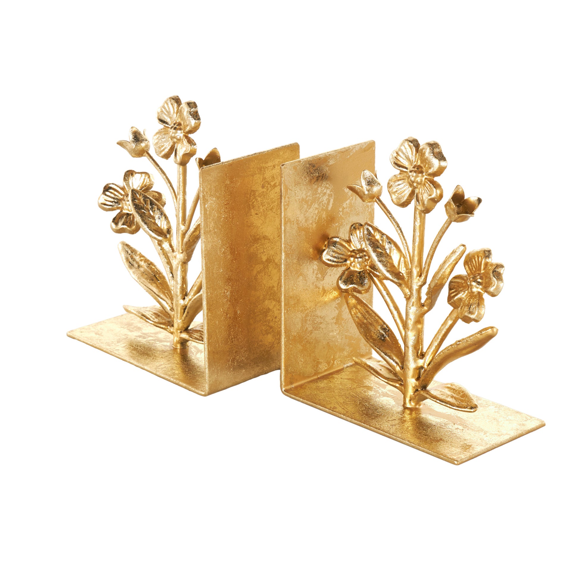 Set of 2 Floral Gold Metal Decorative Bookends with Shimmer Details
