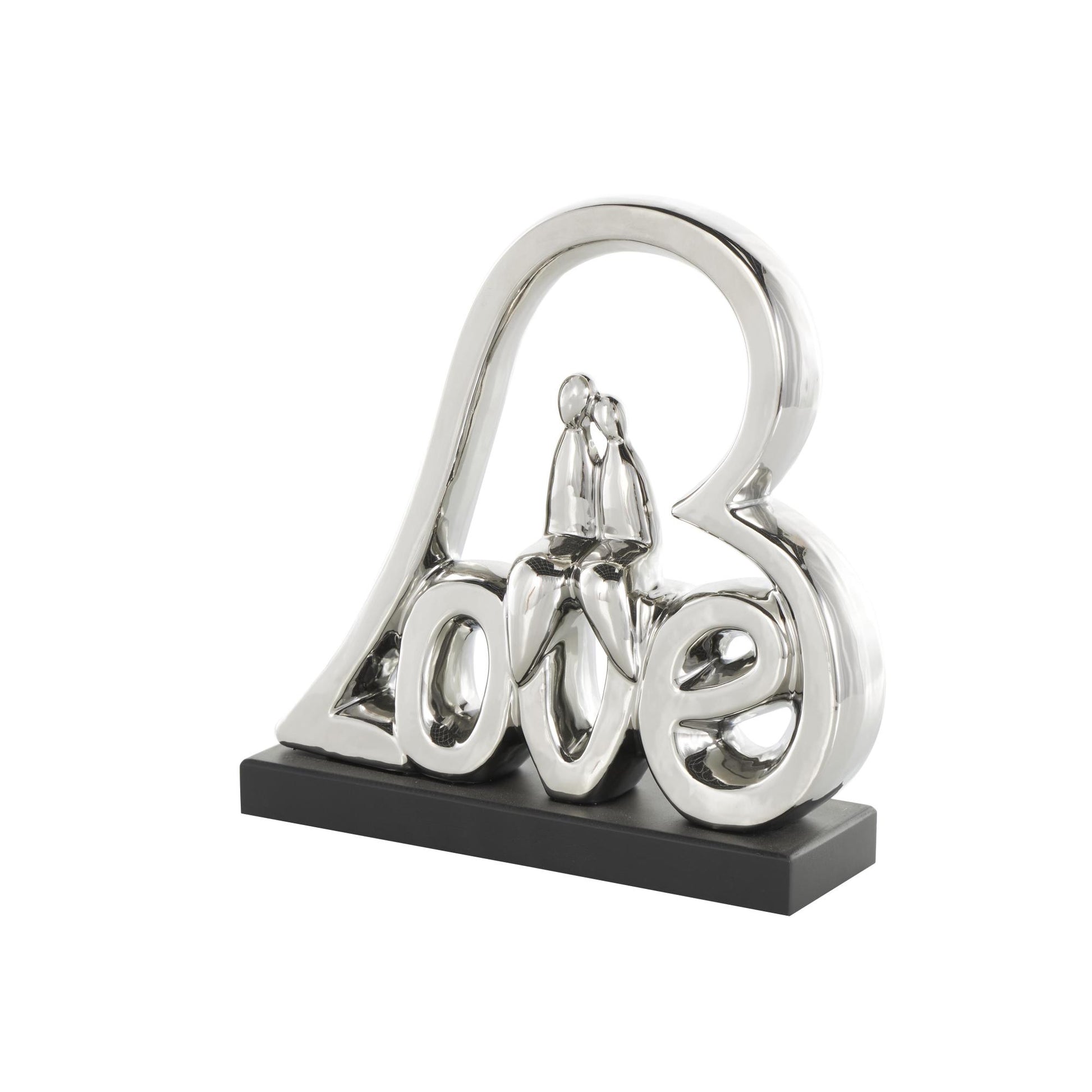 Heart Silver Ceramic Family Love Decorative Sculpture with Black Base