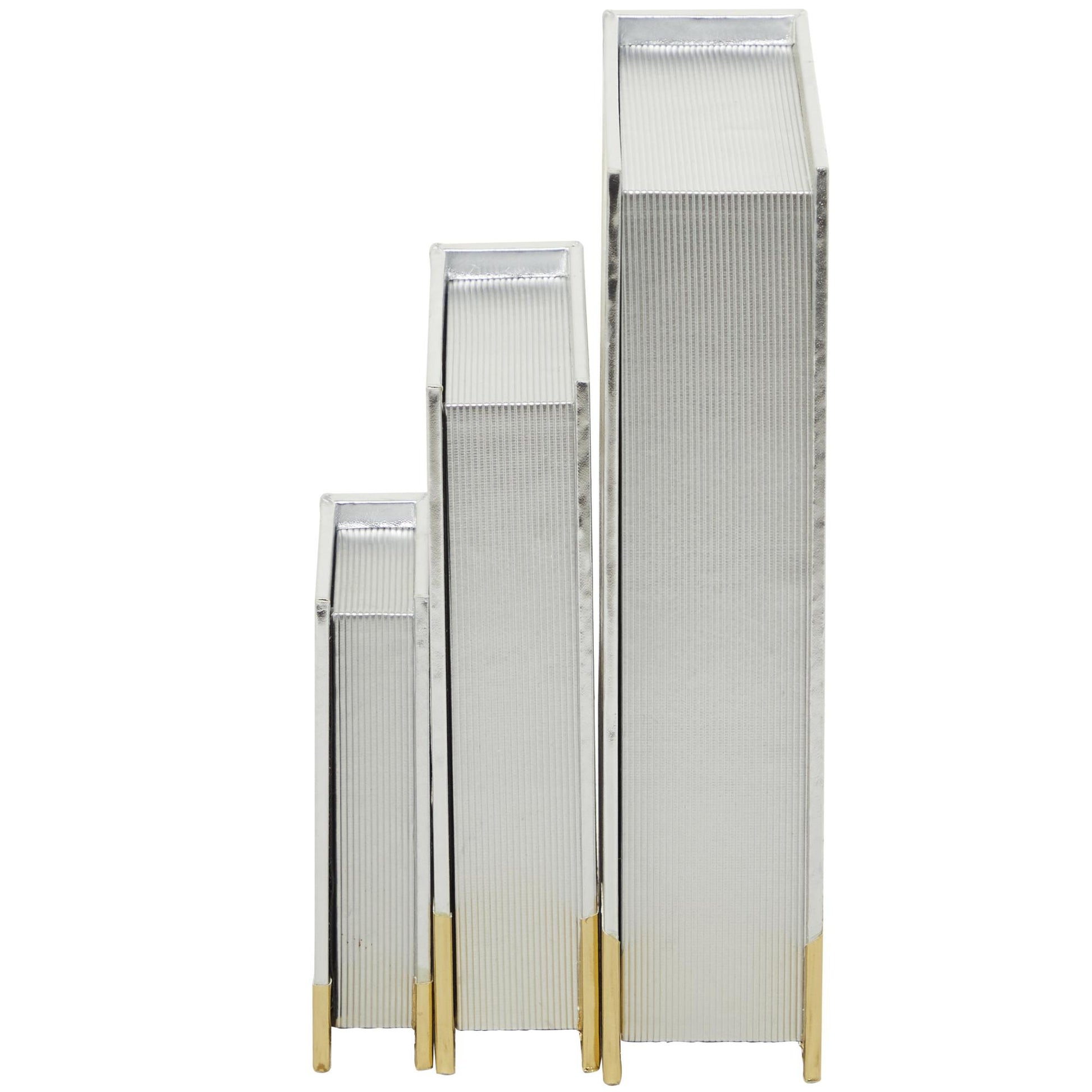 CosmoLiving by Cosmopolitan Set of 3 Silver Faux Leather Metallic Faux Book Storage Decorative Box with Wavy Gold Design
