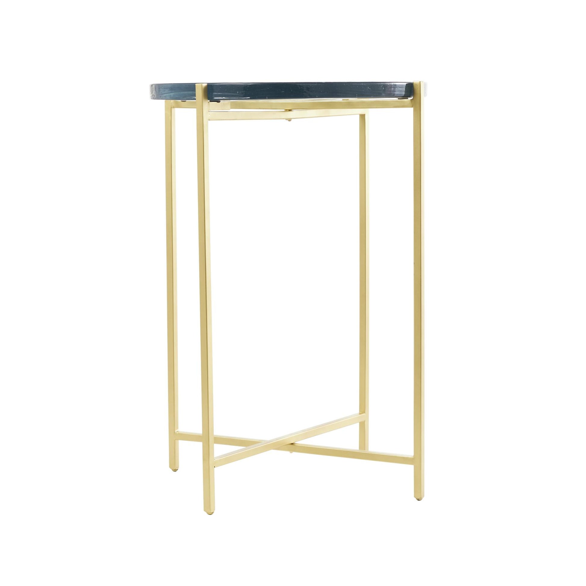 Metal X-Shaped Side End Accent Table with Textured Glass Tabletop