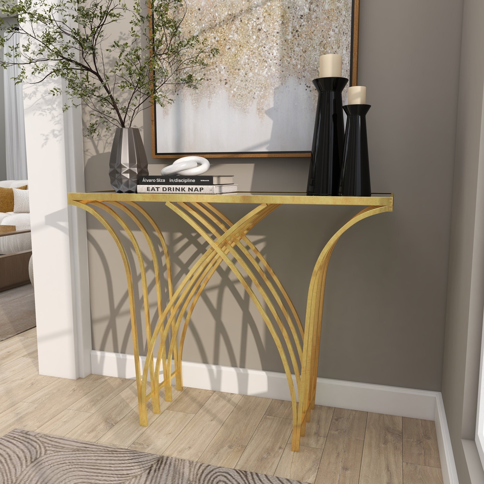 Geometric Gold Metal Rectangular Living Room Console Table with Mirrored Glass Top