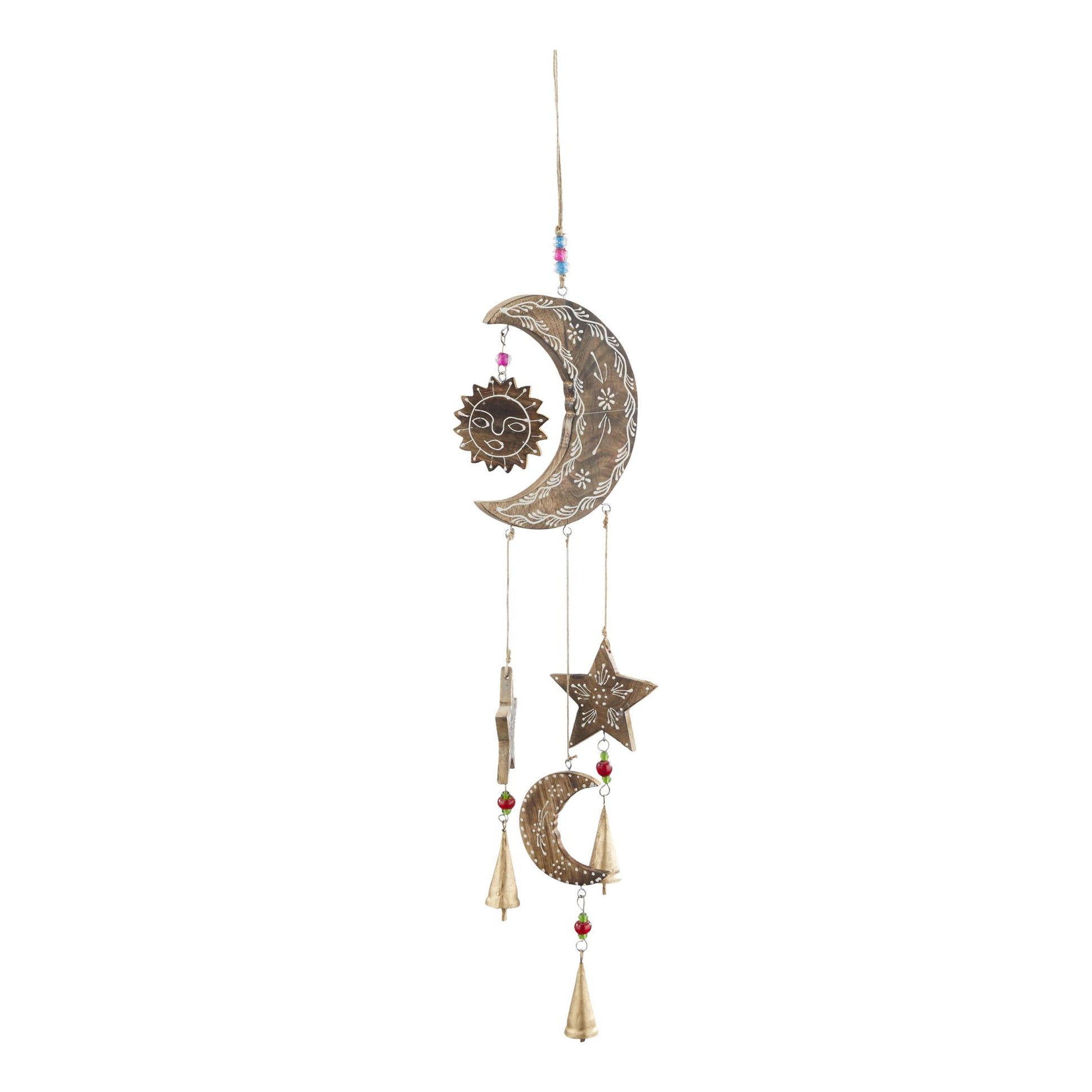 Sun and Moon Gold Mango Wood Handmade Indoor Outdoor Windchime with Glass Beads and Cone Bells