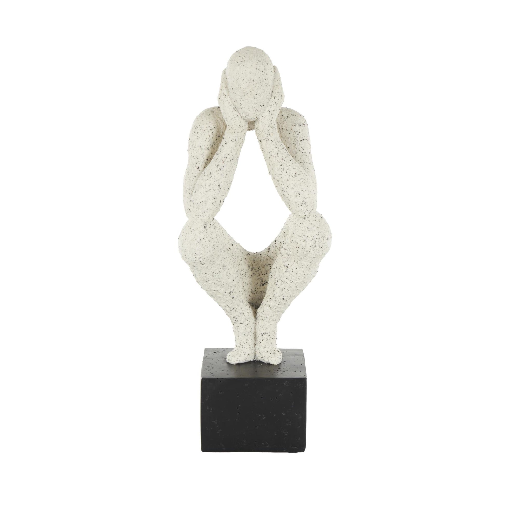 People Cream Polystone Crouching Decorative Sculpture with Black Square Base