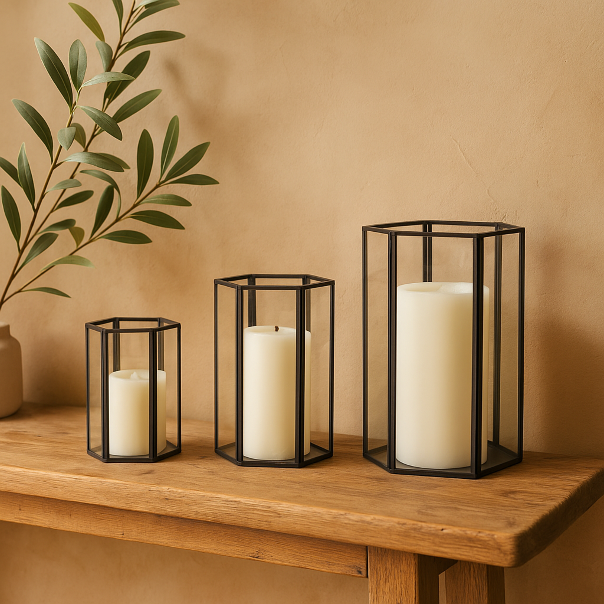 CosmoLiving by Cosmopolitan Set of 3 Geometric Clear Metal Hexagon Shaped Indoor Outdoor Candle Lantern with Clear Glass