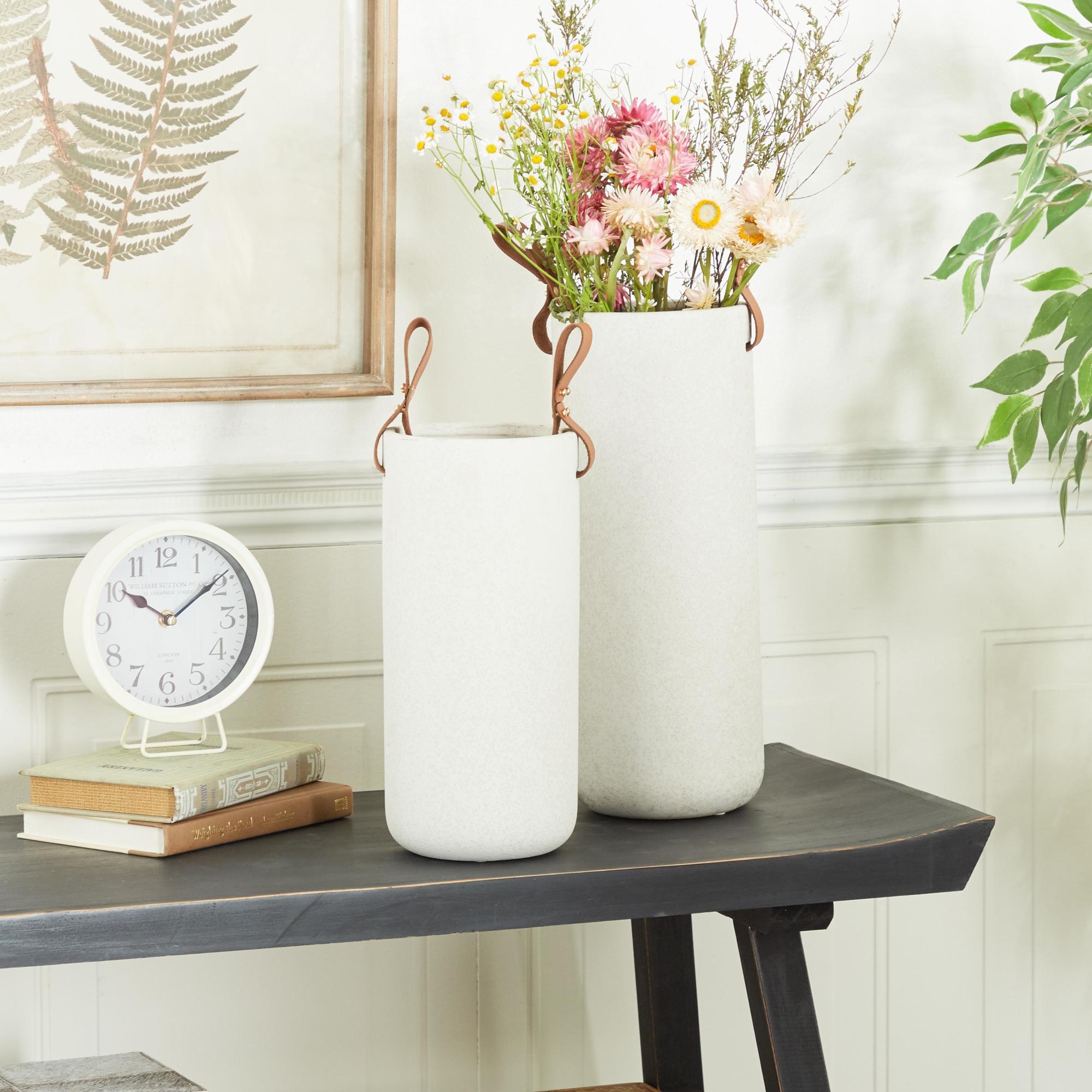 CosmoLiving by Cosmopolitan Set of 2 White Ceramic Decorative Vase with Leather Handles