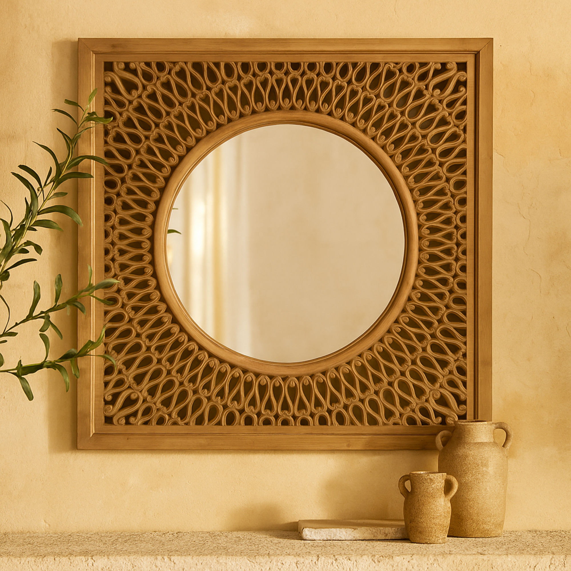 Scroll Brown Wood Room Wall Mirror with Carved Cutouts