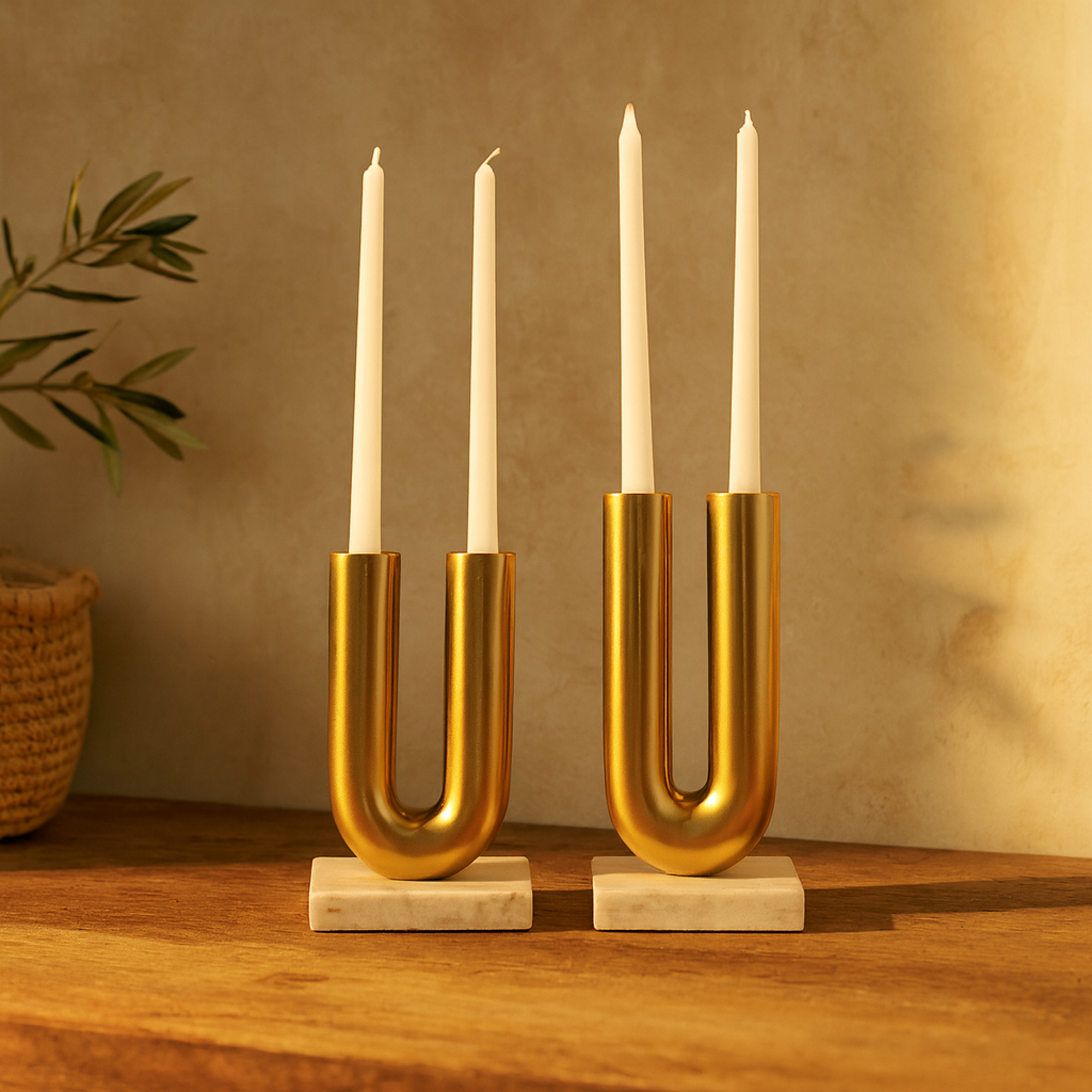 Set of 2 Geometric Aluminum Metal U-Shaped Decorative Candle Holder with Marble Bases