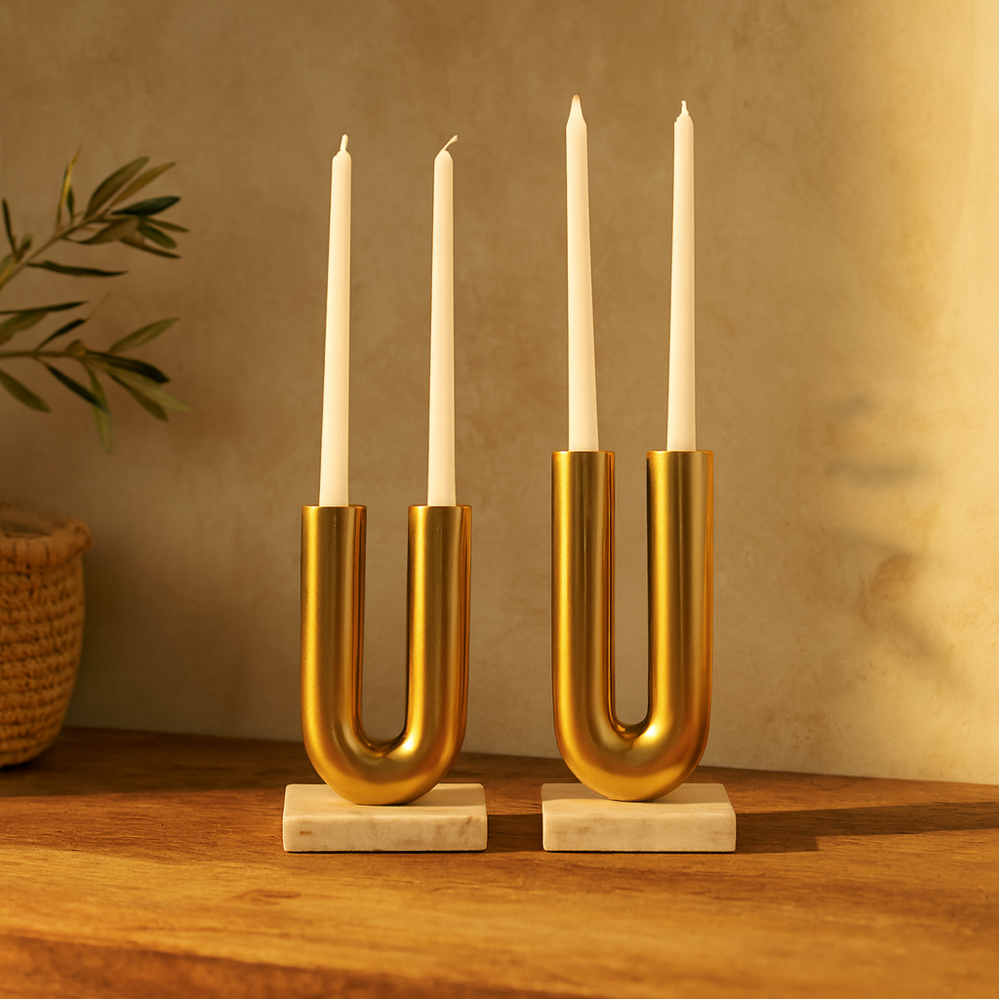 Set of 2 Geometric Aluminum Metal U-Shaped Decorative Candle Holder with Marble Bases
