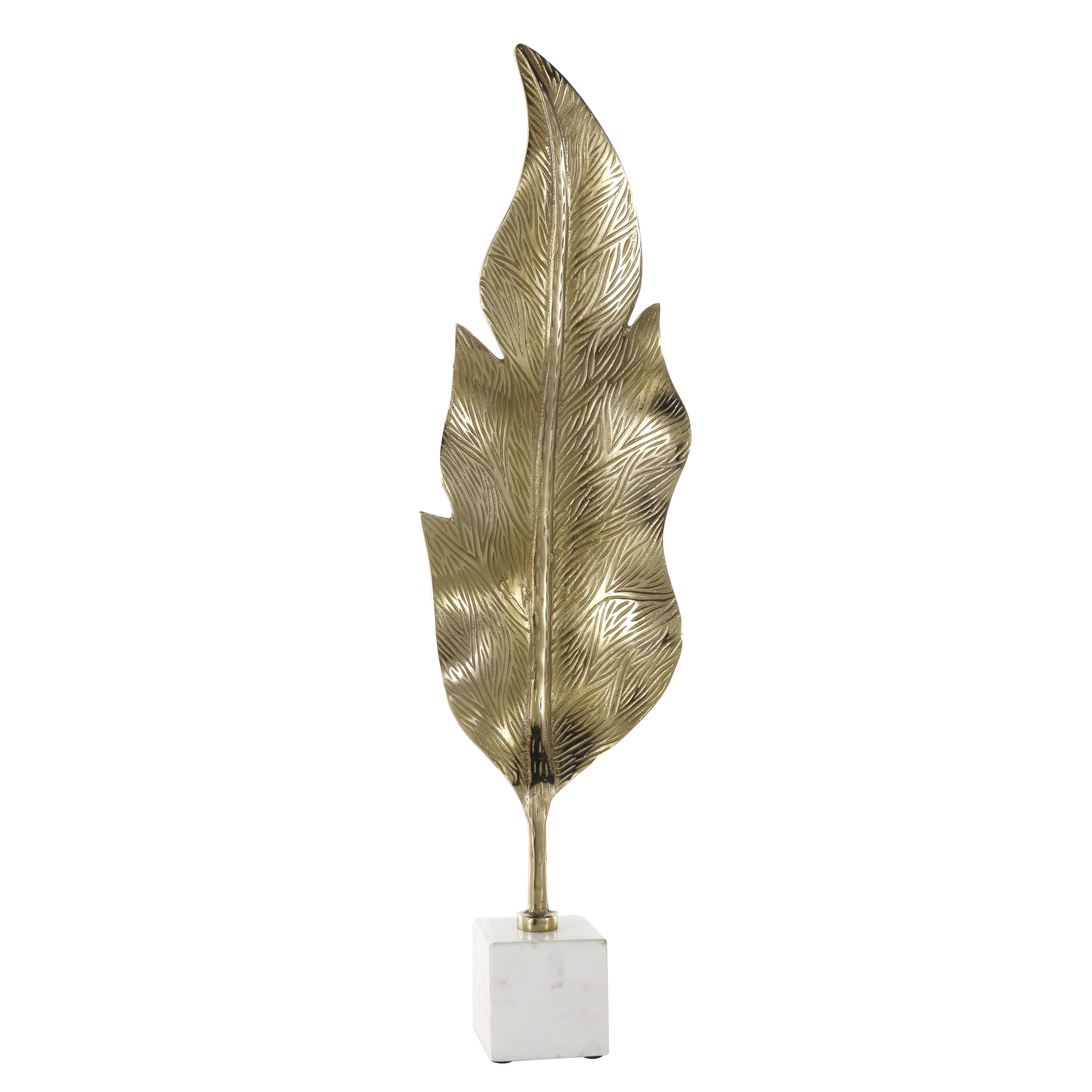 Leaf Gold Aluminum Metal Tall Textured Decorative Sculpture with White Marble Base