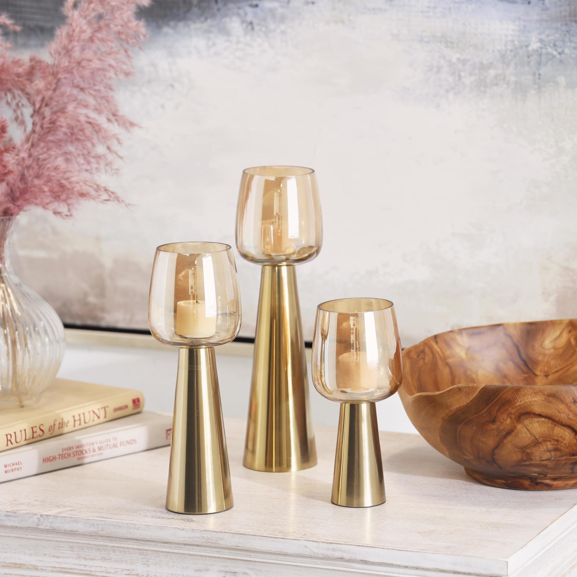 Set of 3 Stainless Steel Metal Decorative Candle Holder with Gold Cup Candle Holders