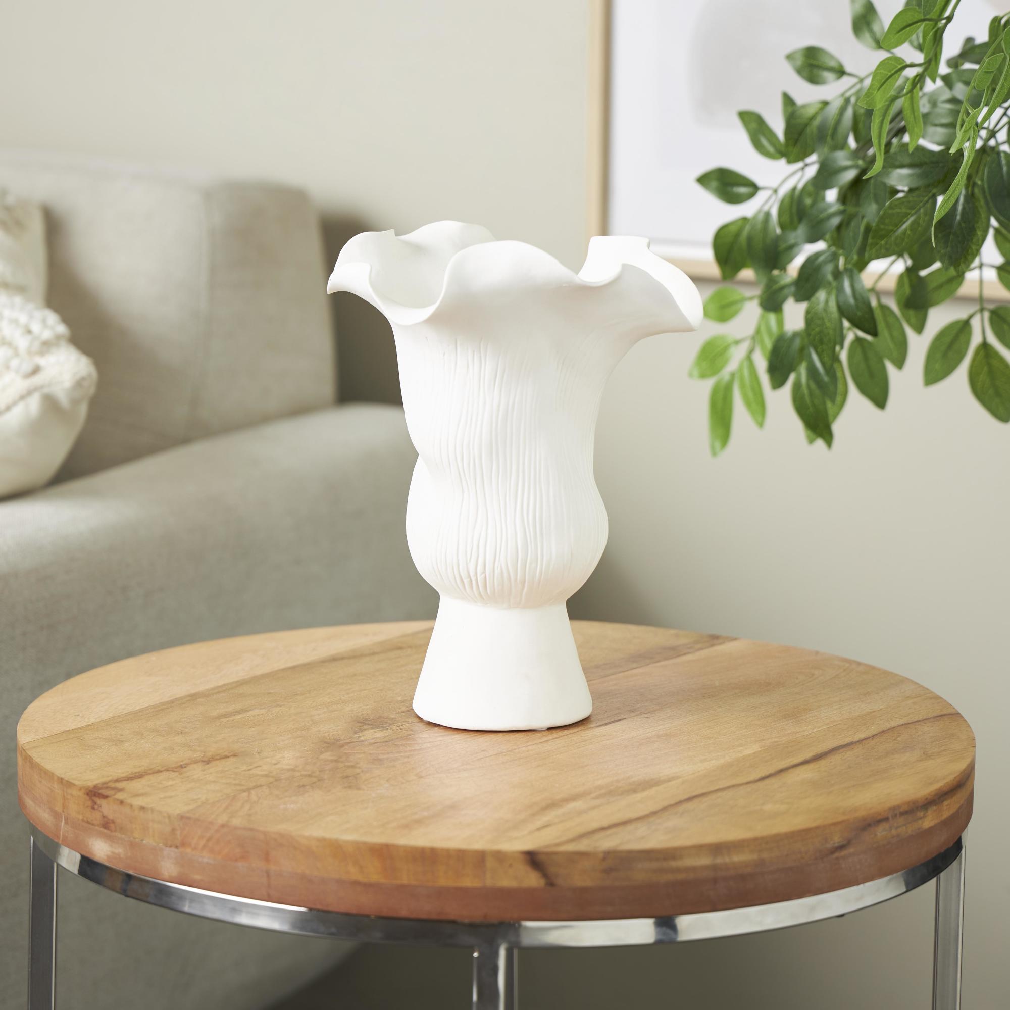 Abstract Ceramic Floral Inspired Decorative Vase with Wavy Folded Rim and Linear Grooves